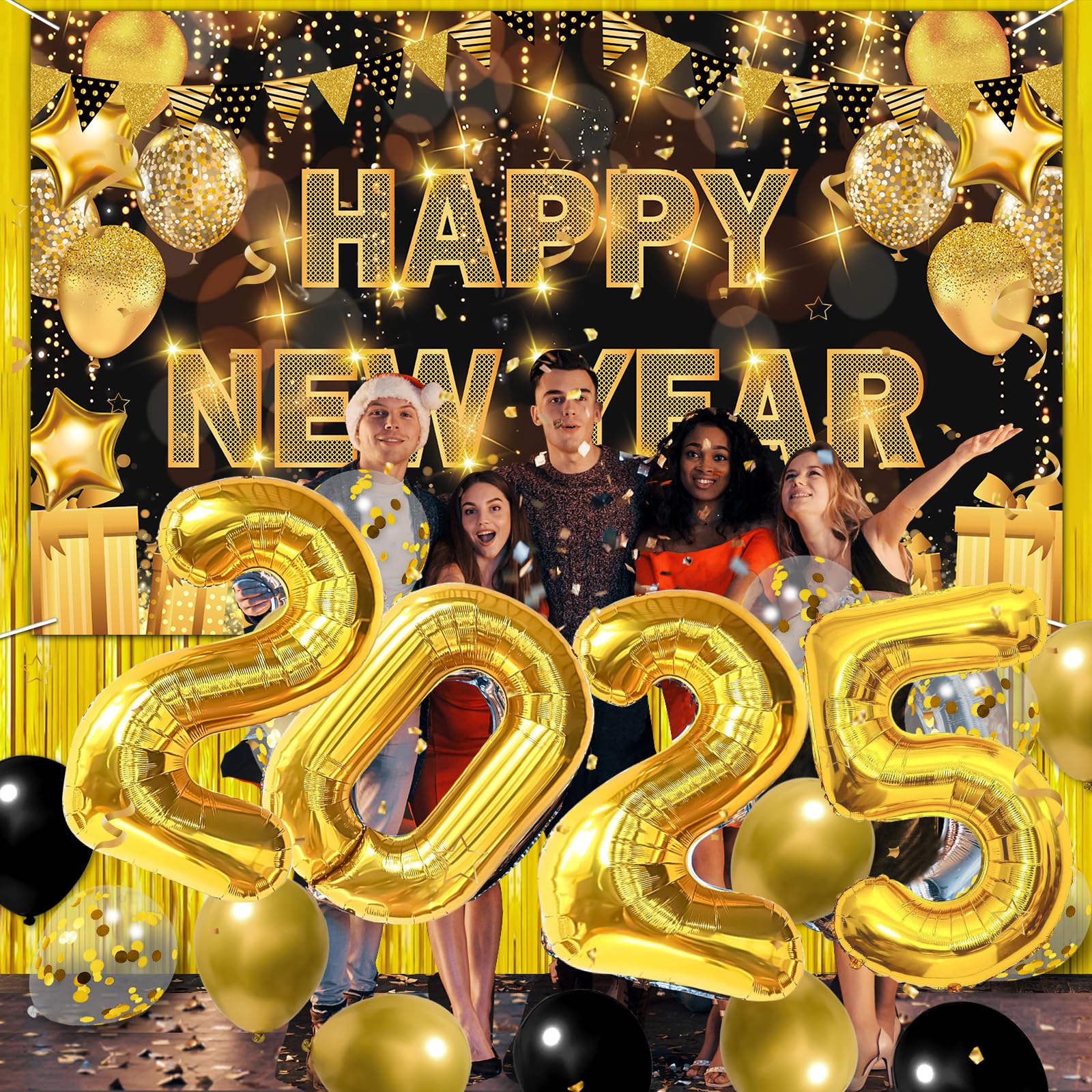 Happy New Year Decorations 2025, 71 * 44IN Happy New Year Banner 2025 Happy New Year Backdrop Party Supplies for Black and Gold New Years Eve Party Decorations 2025