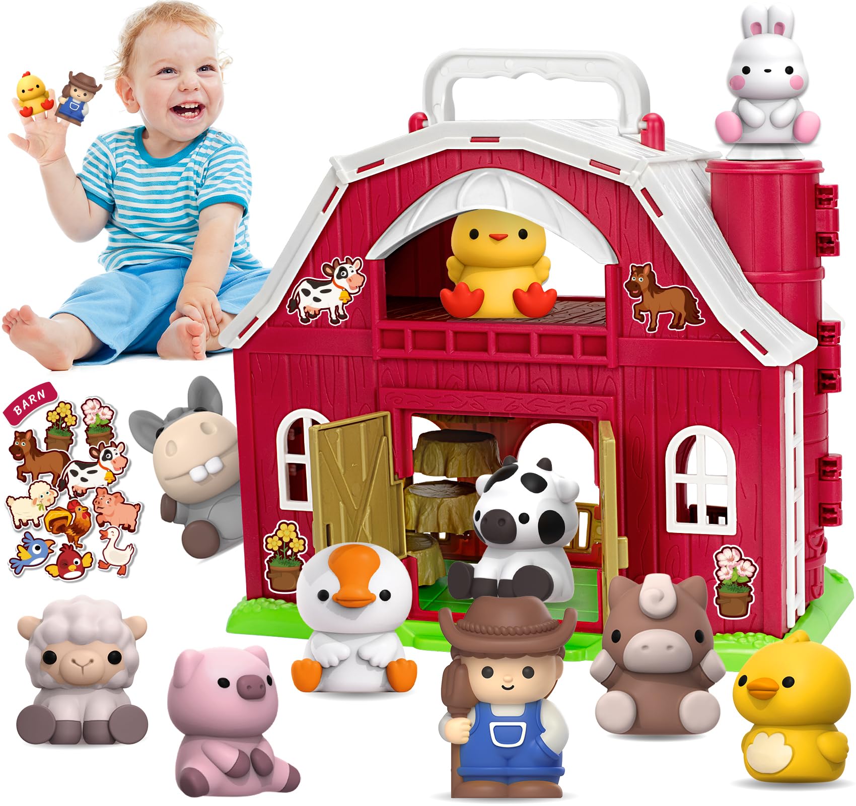 Aigybobo Farm Animals Big Barn Toys for 1 2 3 Year Old, Toddler Montessori Learning Toy, Farm Playset with Animal Figures and DIY Stickers, Christmas Birthday Gift for Baby Boys Girls Age 12-18 Months