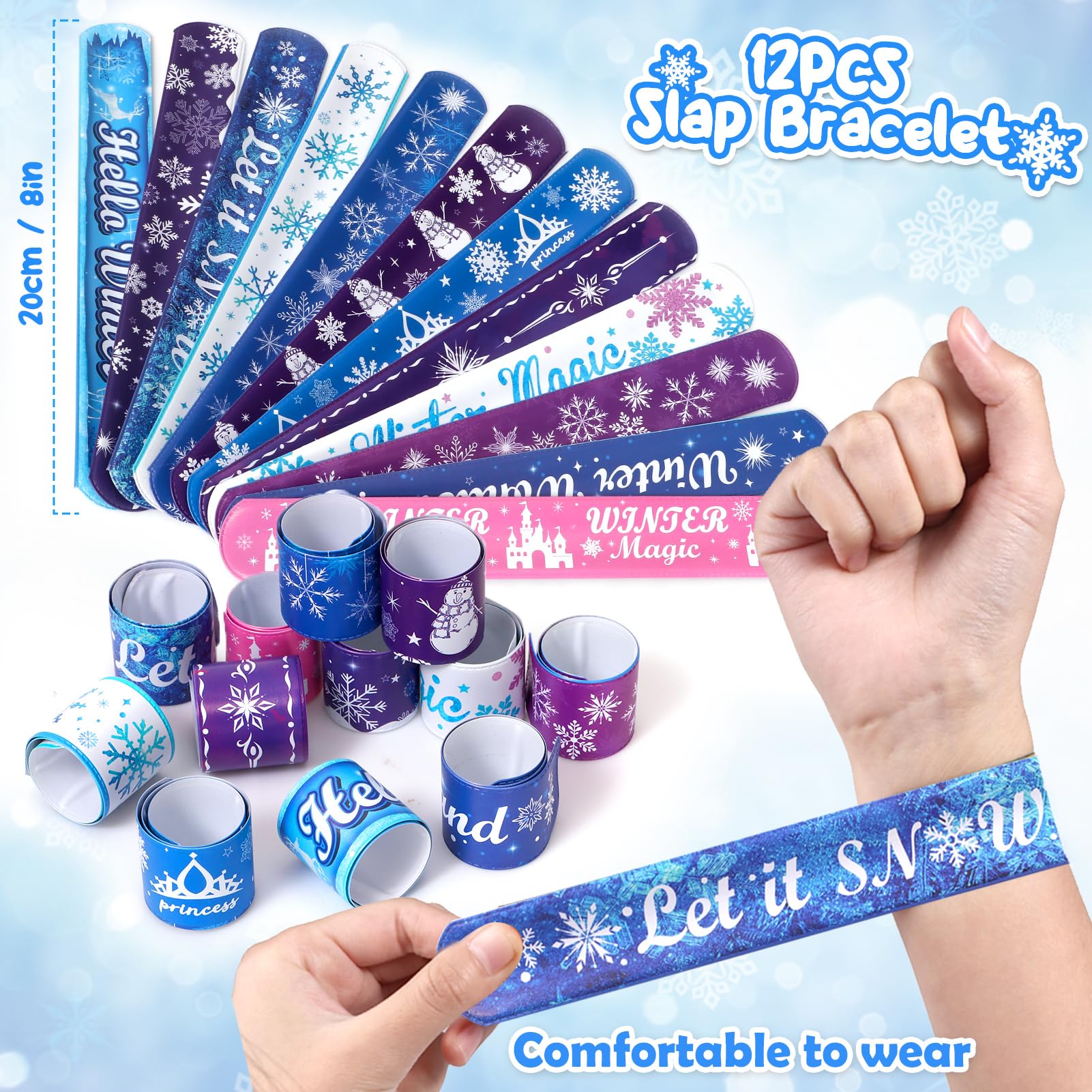 Golray 98pcs Snow Party Favors Birthday Supplies for Girls Kids Snowflake Straw Bubble Wands Sticker Toy Prize Filler Goodie Bag Stuffer Winter Girl Party Favors