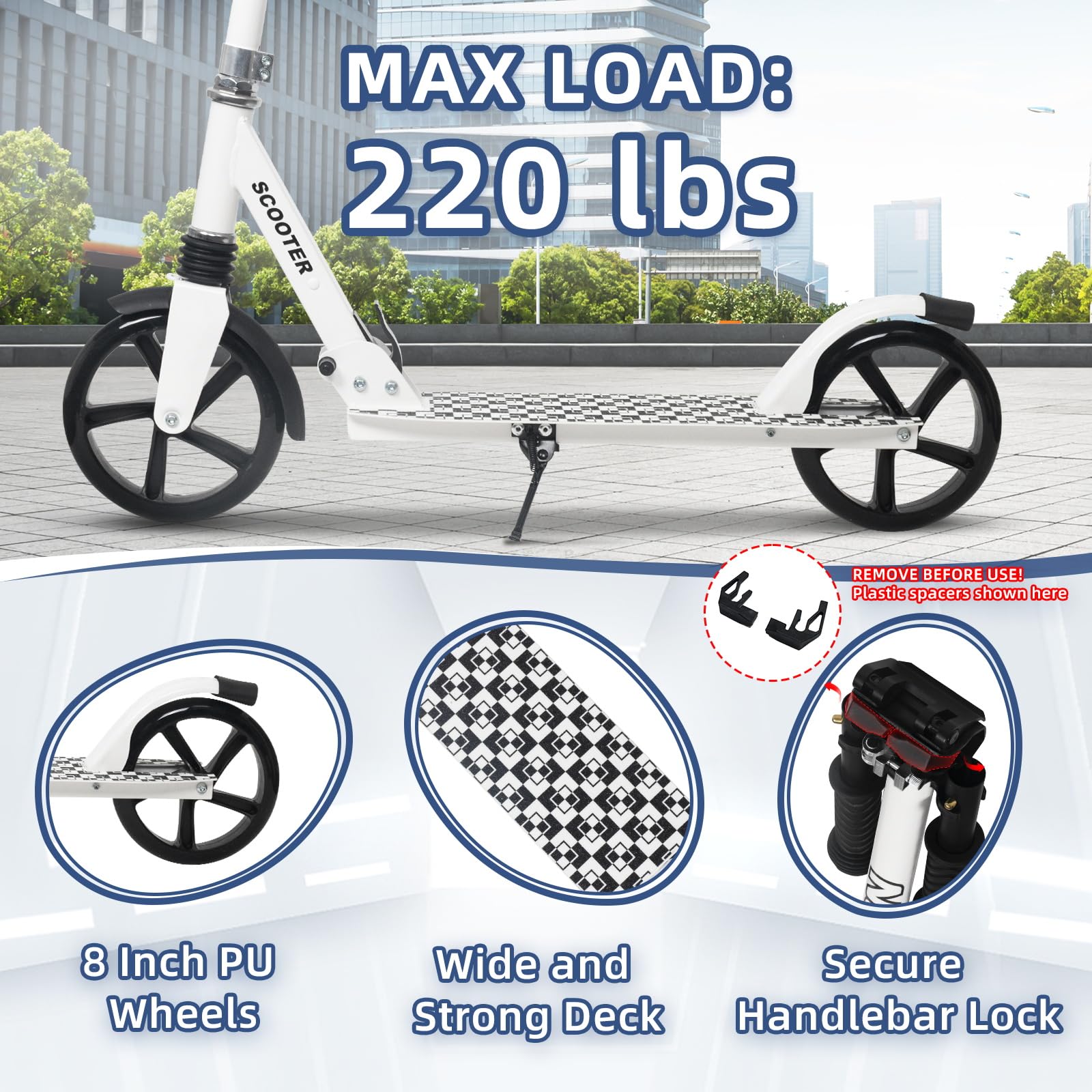 Nattork Kick Scooter for Kids 6+ Years Teens Adults - 220LB Weight Capacity, Front Shock Absorber and Adjustable Handlebar - Smooth Ride with 8" Sturdy Wheels, Ideal for Outdoor Sports White