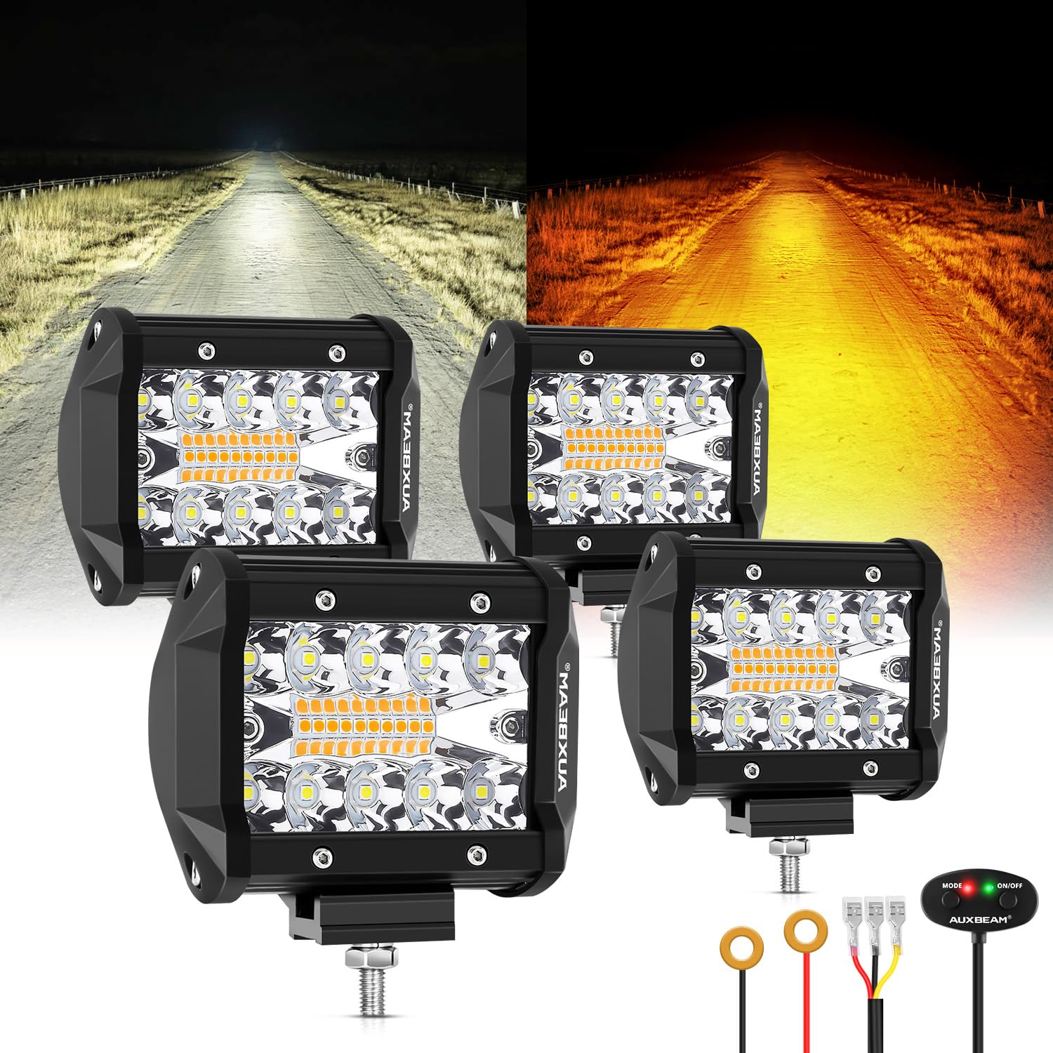 Auxbeam 6 Modes Amber White Series, 4 Packs LED Pod Lights Flash Strobe Warning Multi-Function, 4" 240W Spot Flood Combo LED Offroad Lights, for 4x4 4WD Truck Car Jeep Wrangler