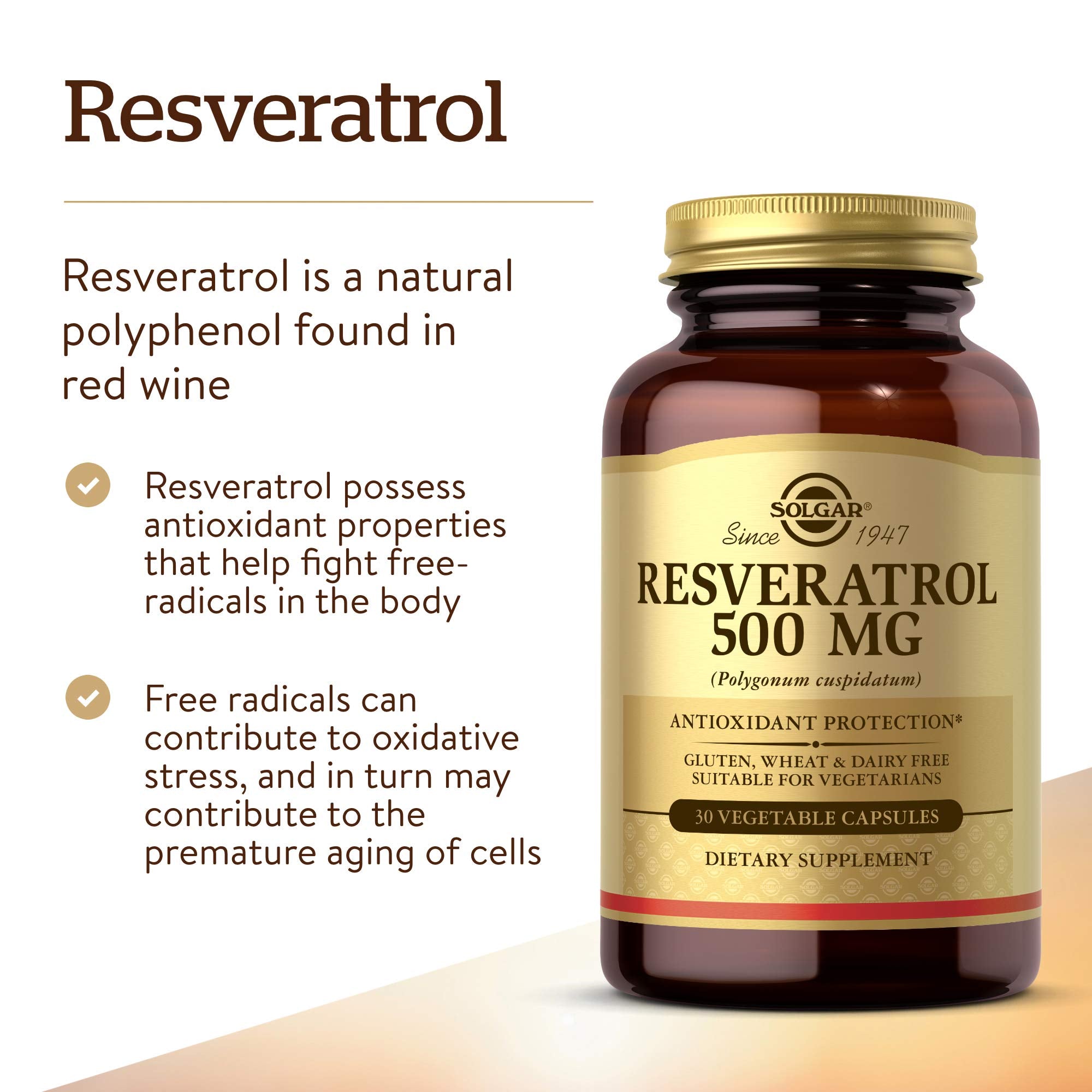 Solgar Resveratrol 500 mg, 30 Vegetable Capsules - Antioxidant Protection - Gluten Free, Dairy Free - 30 Servings