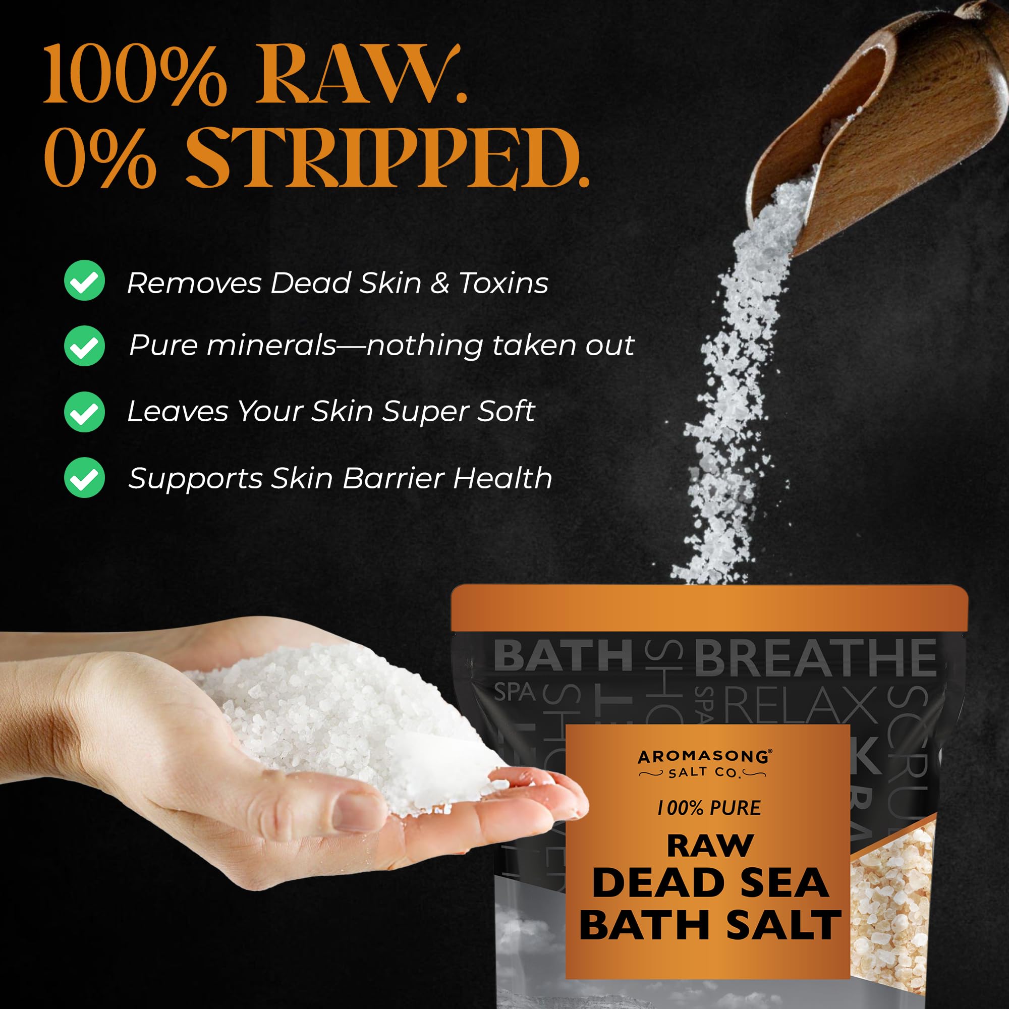Aromasong Raw Dead Sea Bath Salt - Minimally Cleaned, Contains More Dead Sea Minerals Including Dead Sea Mud - 100% Pure & Natural Dead Sea Salts for Soaking 2.4 LB - Bulk Resealable Pack
