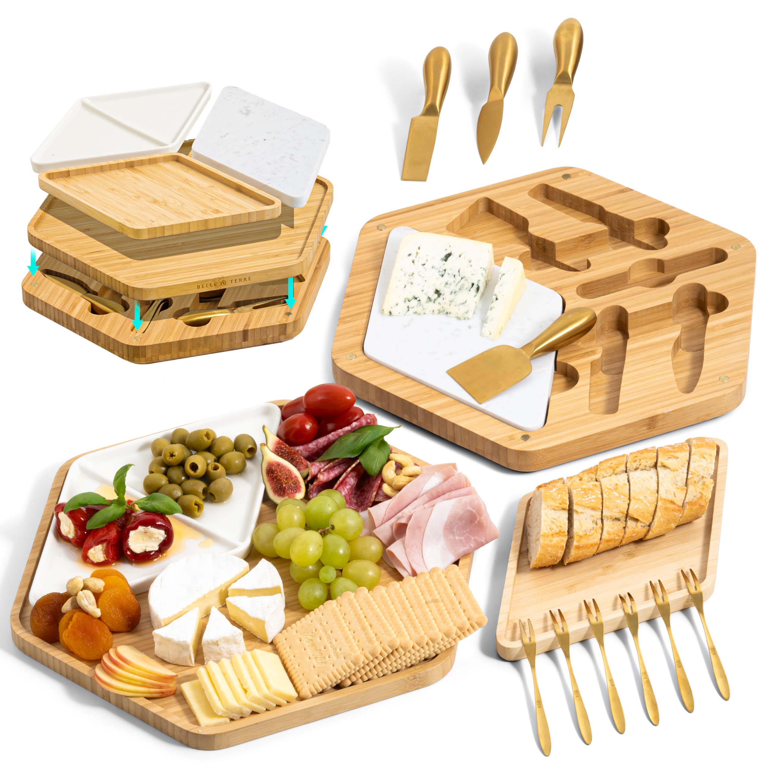 Premium Bamboo Cheese Board and Knife Set - Versatile Charcuterie Board Gift Set with High-Grade Steel Gold Cutlery, Eco-Friendly Giant Modular Design for Entertaining, Ideal for Foodies & Couples