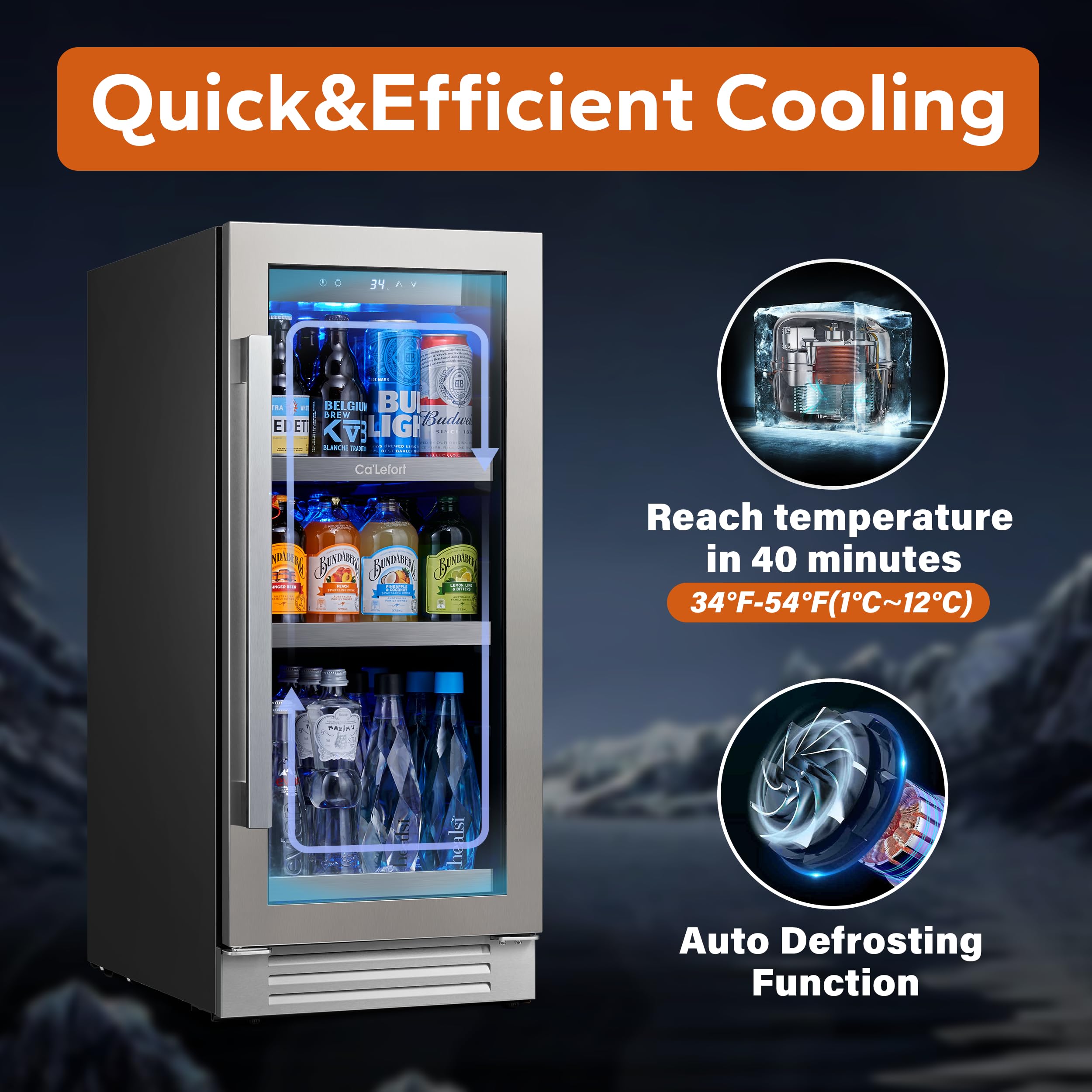 Ca'Lefort 15 Inch Beverage Refrigerator - 80 Can Small Beverage Fridge, Drink Fridge Glass Door 3 LED 34°F -54°F Beverage Cooler Built-in or Freestanding, Perfect for Home/Kitchen(3.0 cu.ft)