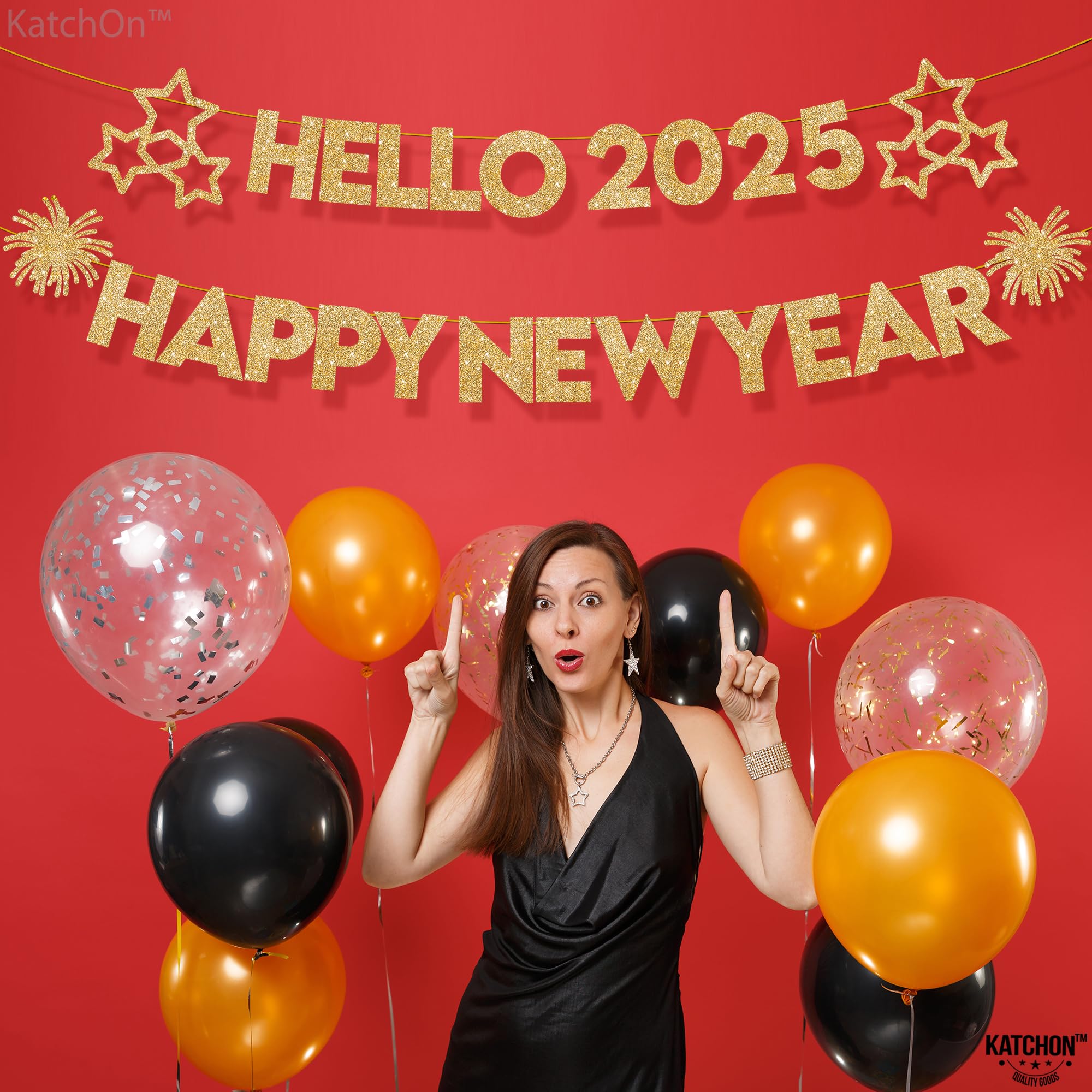 KatchOn, Happy New Year Banner - 10 Feet, No DIY | Hello 2025 Banner for Happy New Year Decorations 2025 | NYE Banner, New Years Banner | New Years Eve Party Supplies 2025 | NYE Decorations 2025