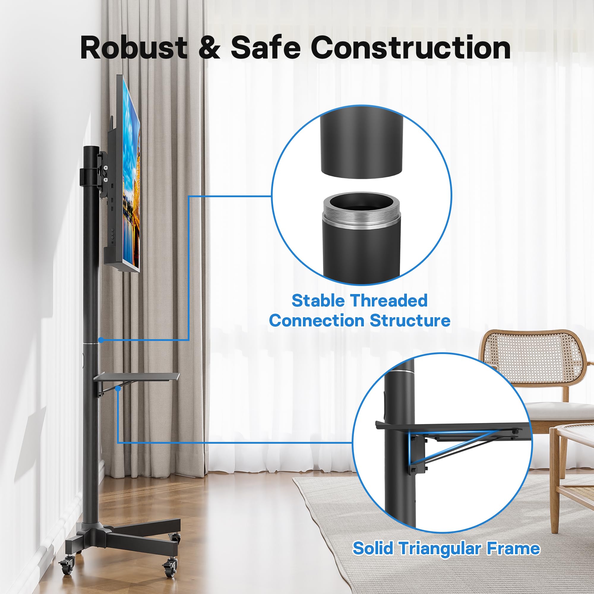 BONTEC Mobile TV Stand with Tilt, Rolling TV Stand Fits 23-60" LED, LCD, OLED, Flat Curved TVs Up to 88 lbs, Height Adjustable TV Cart with Laptop Shelf, Max VESA 400x400mm