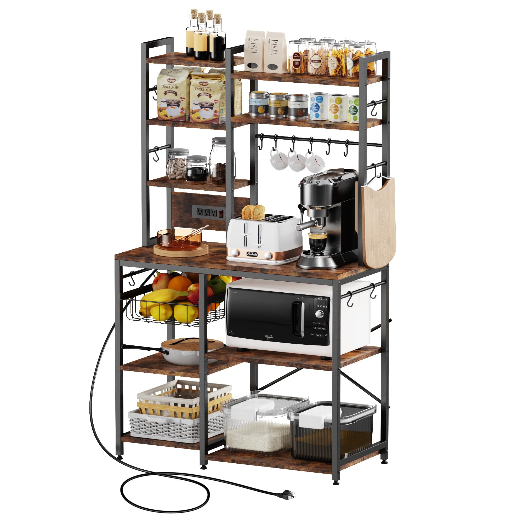 Monesti 6-Tier Kitchen Baker’s Rack with Power Outlet Utility Storage Shelf Rack with 14 Hooks, Industrial Floor Standing Spice Rack Organizer Workstation for Microwave, Spice Jars, Pots and Pans.