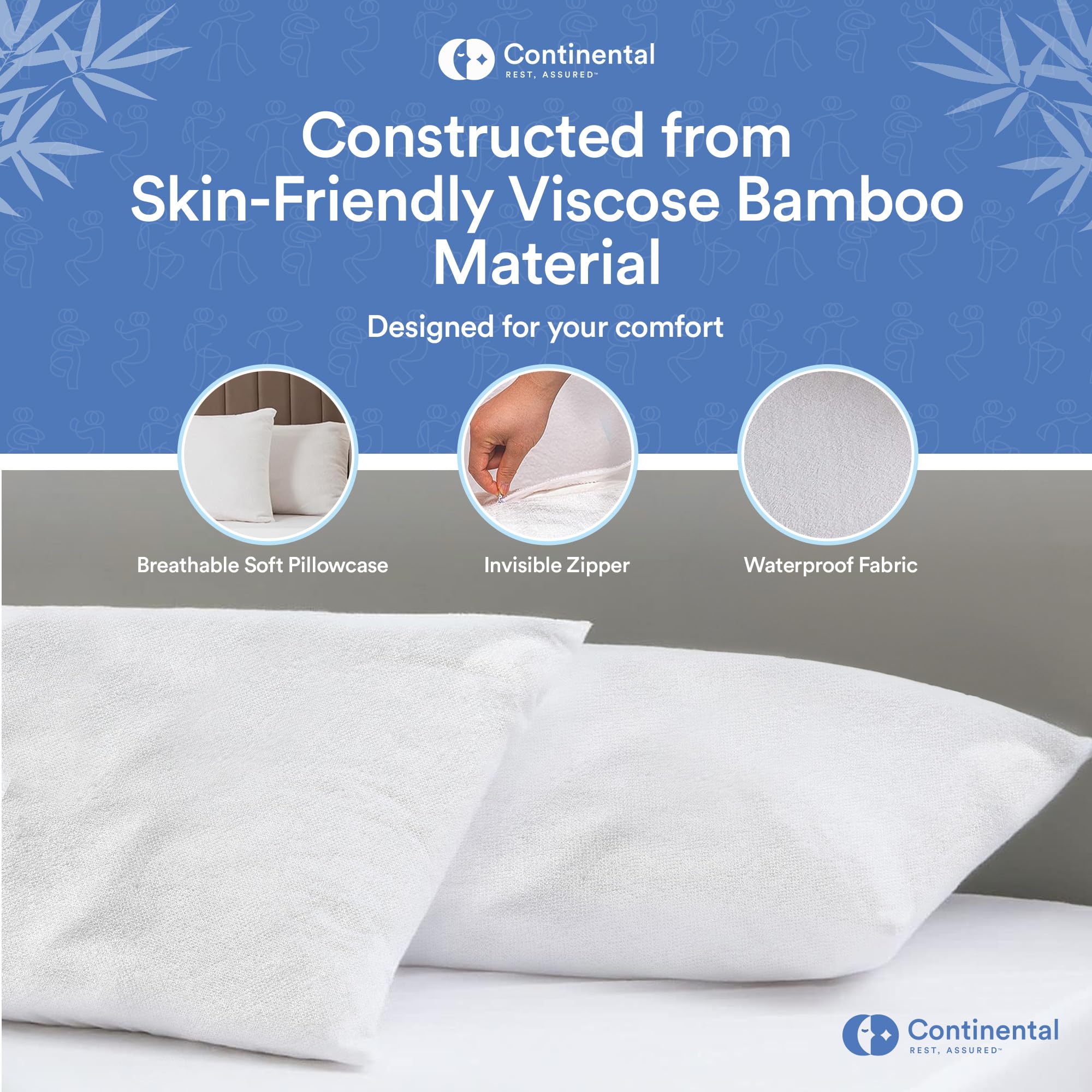 Continental Bedding Feather Proof, Waterproof and Down Proof Luxury Zippered Viscose Derived from Bamboo Pillow Protectors: Silky Smooth Comfort for Enhanced Sleep Size 20" x 20" Pack of 1