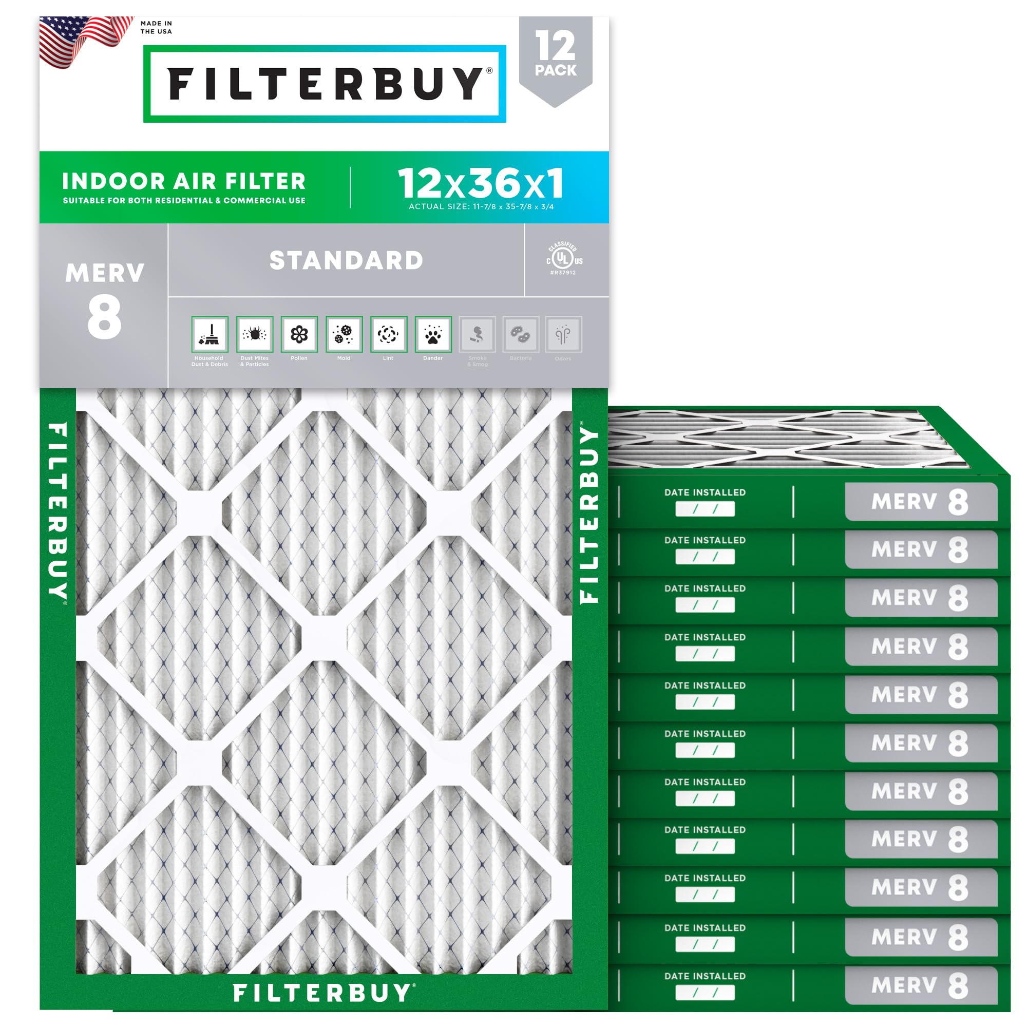 Filterbuy 12x36x1 Air Filter MERV 8 Dust Defense (12-Pack), Pleated HVAC AC Furnace Air Filters Replacement (Actual Size: 11.88 x 35.88 x 0.75 Inches)