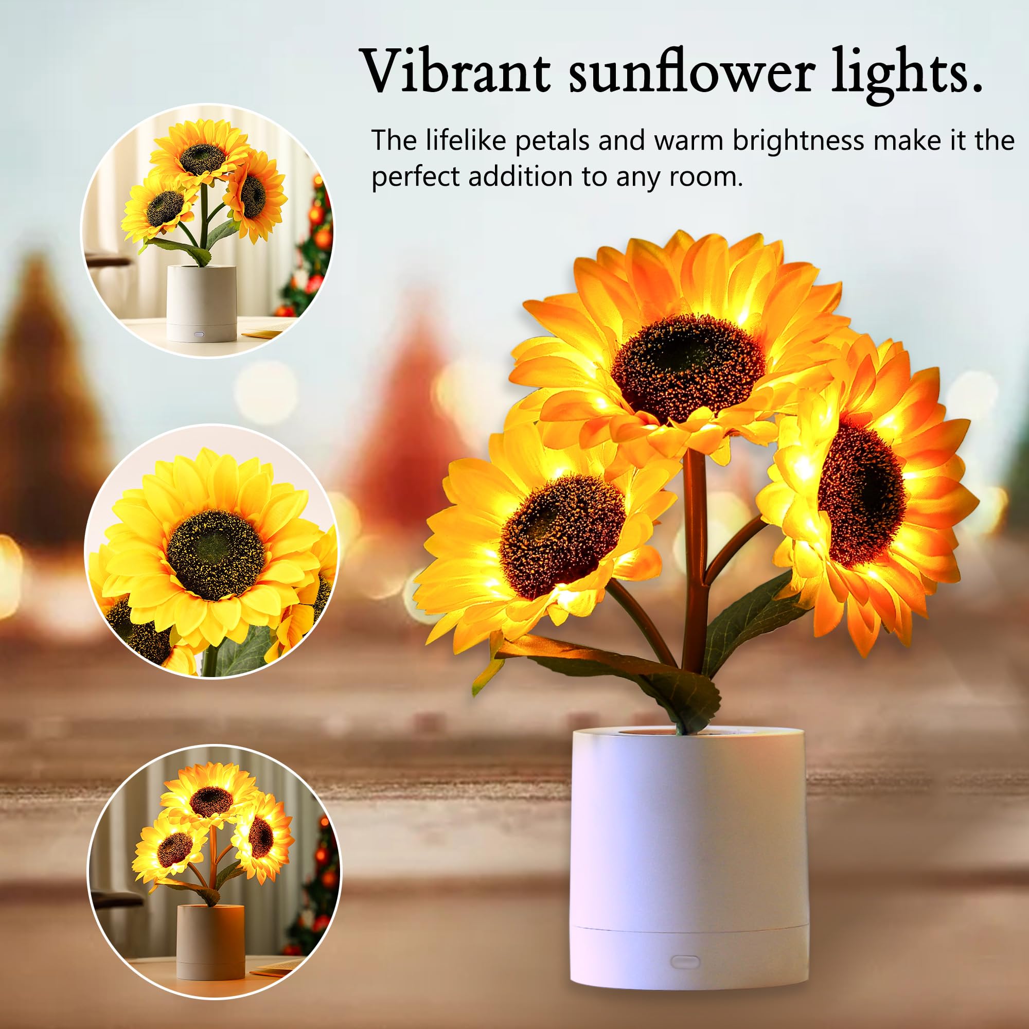 Christmas Sunflower LED Lamp for Women, Ideal for Bedroom Decor, Sunflower Gifts for Mom Daughter Nurse Teacher Aunt Girlfriends Coworker Friend Wife Anniversary Birthday Christmas Valentine's Day