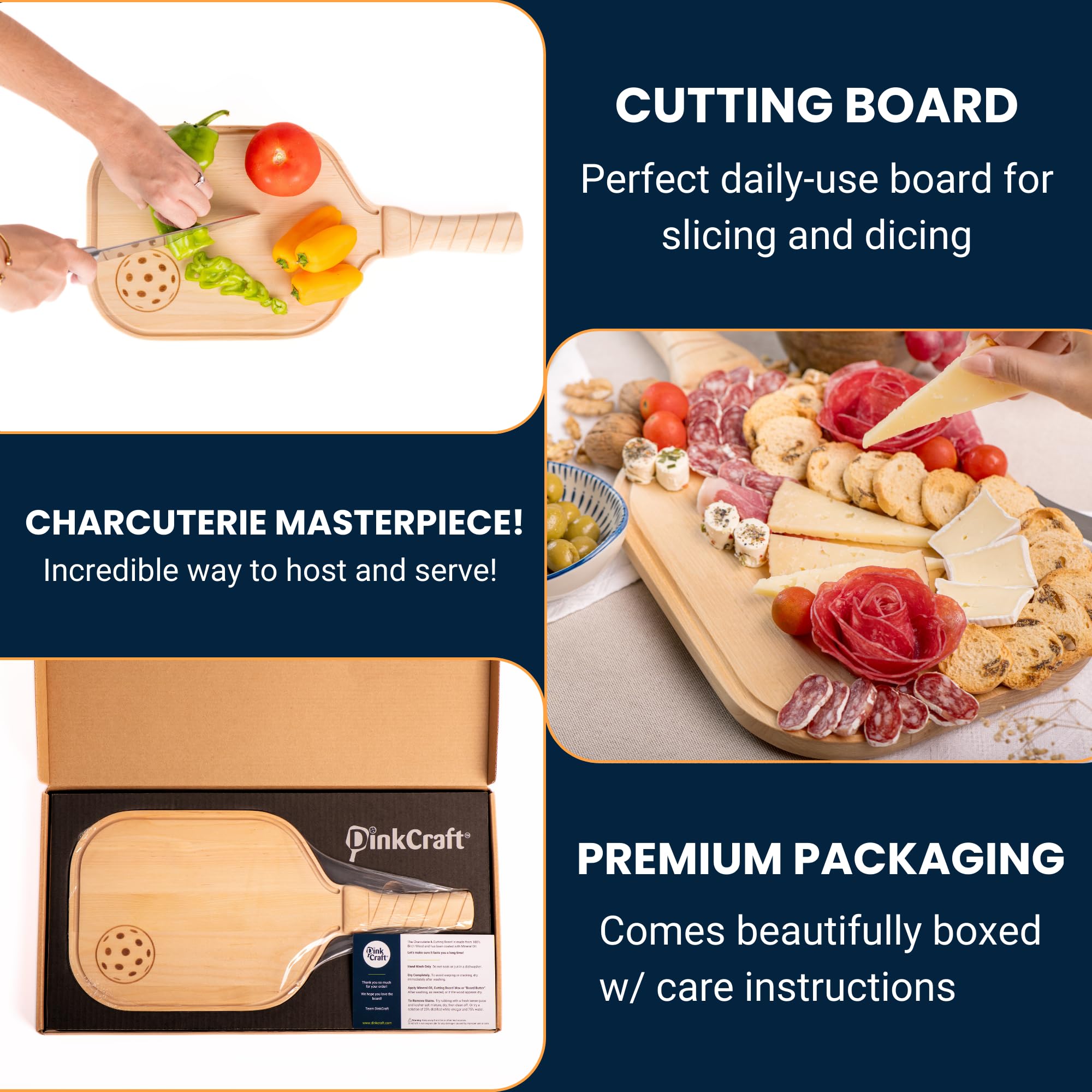 DinkCraft Pickleball Charcuterie & Cutting Board, Pickleball Gift, 17 x 8.5 x 0.75”, Birch Wood, Paddle Shape with Handle, Mineral Oil Finish