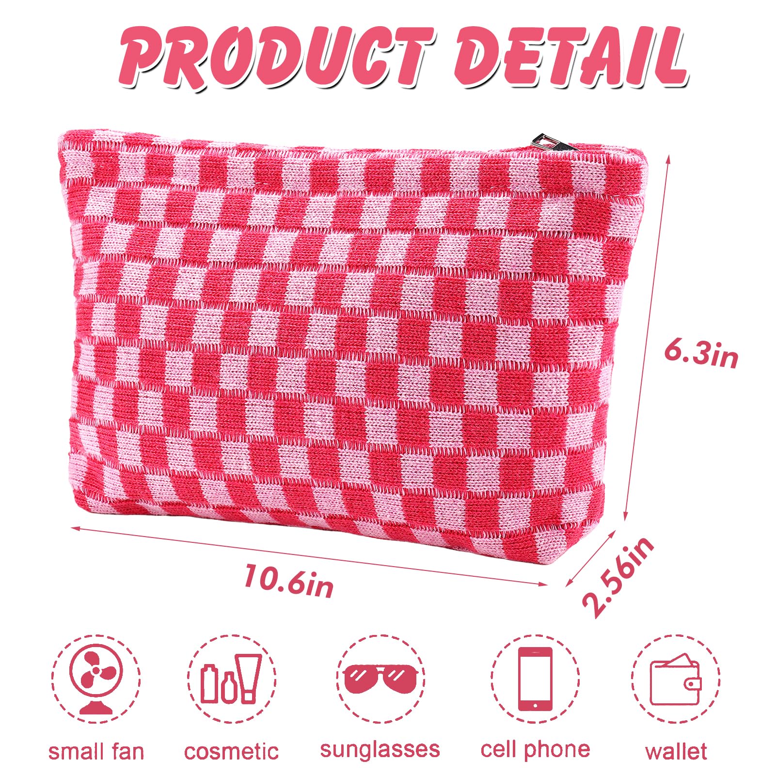 Checkered Makeup Bag for Women Large Capacity Hot Pink Travel Cosmetic Bag Makeup Pouch for Purse Zipper Toiletry Organizer Cute Y2K Aesthetic Trendy Adults Makeup Brushes Storage Bag