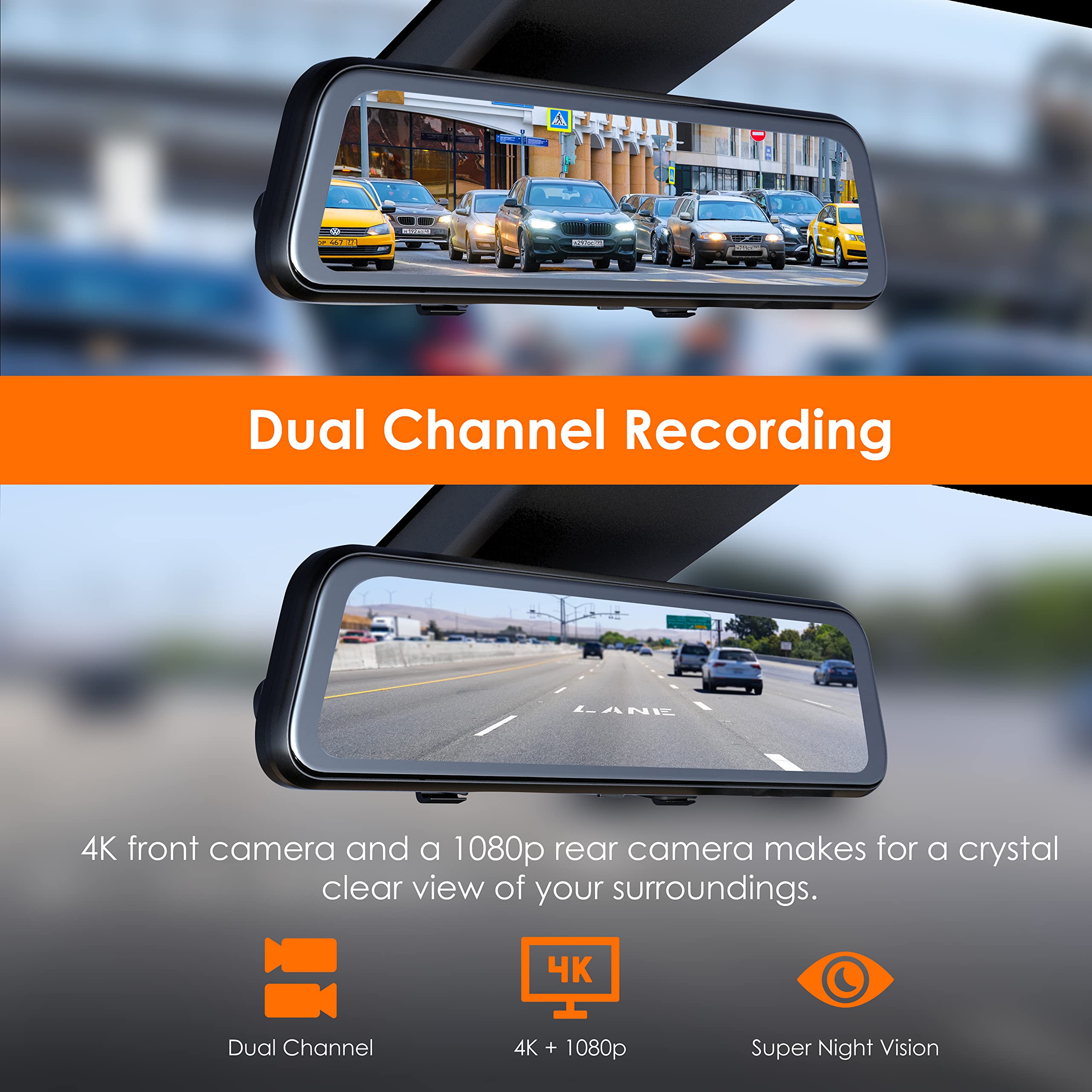 RexingUSA M2 MAX - 2-Channel Mirror Dash Cam w/ 12” IPS Touch Screen, 4K + 1080p, Wi-Fi, GPS, ADAS,Loop Recording, Backup Camera, Parking Mode, Collision Detection