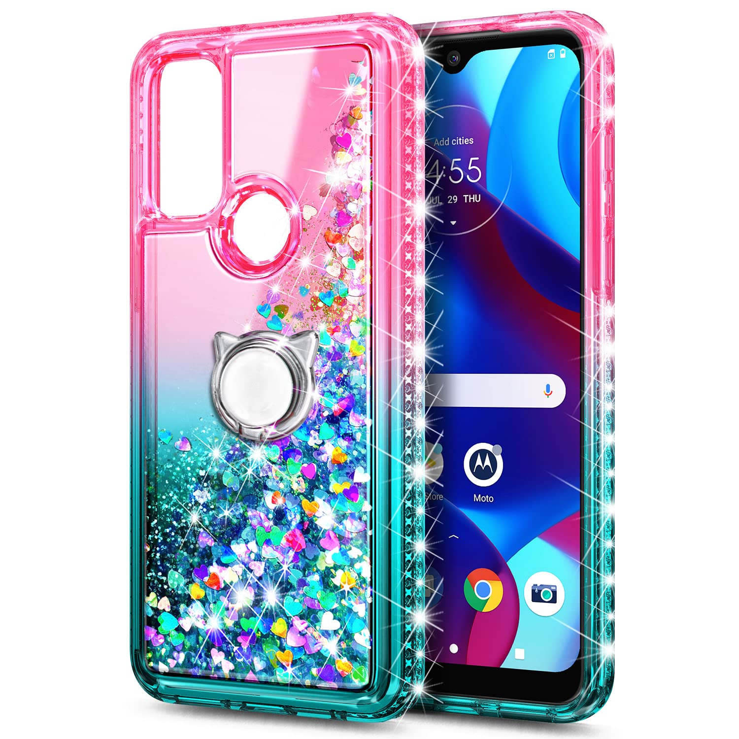 NZND Case for Motorola Moto G Pure/Moto G Play 2023/ Power 2022 with Tempered Glass Screen Protector, Ring Holder/Wrist Strap, Glitter Floating Liquid Waterfall Girls Cute Phone Case (Pink/Aqua)