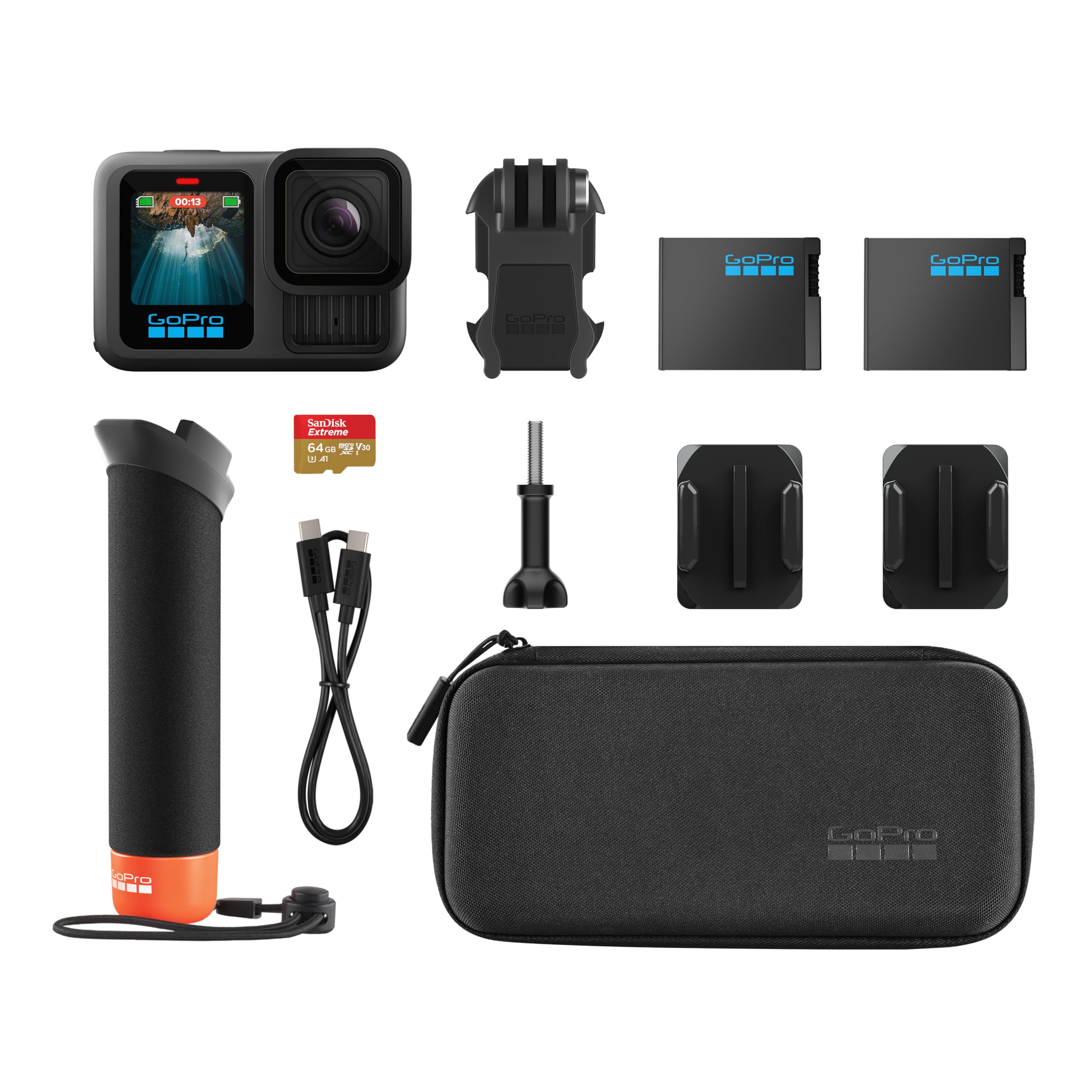 GoPro HERO13 Black Accessory Bundle - Includes The Handler, 2 Enduro Batteries, 2 Curved Adhesive Mounts, 64GB SanDisk MicroSD Card, and Carrying Case