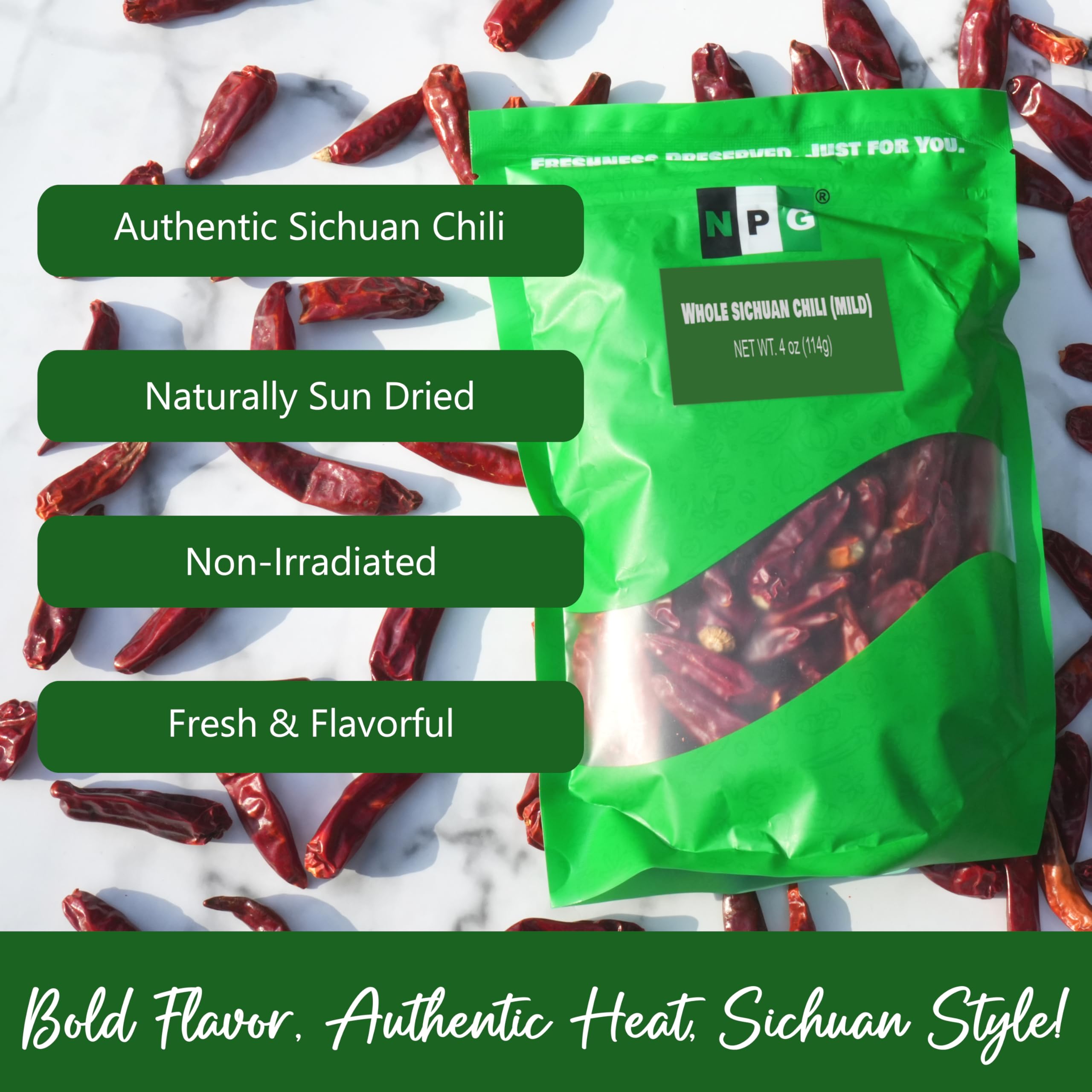NPG Sichuan Chili Peppers 4 Ounces, Mild, Used in Mexican, Chinese, Thai Dishes, Premium Szechuan Dried Red Chilies for Chili Oil, Paste, and Sauce