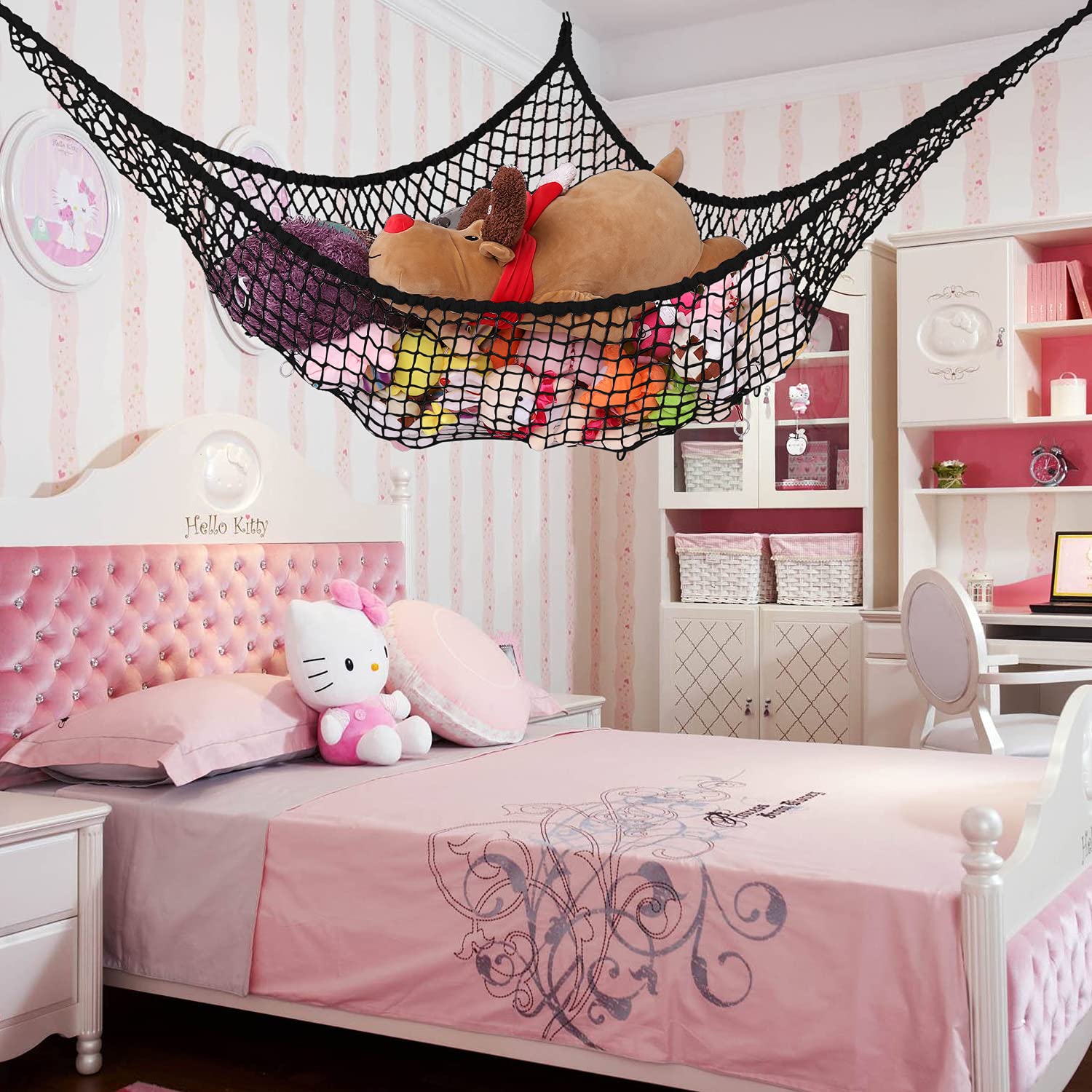 Stuffed Animal Hammock, Toy Hammock Storage Net, LXUNYI Mesh Toy Net Holder Jumbo Wall Corner Giant Baby Kids Children Stuff animals Hammocks Net Organizer for Bedroom (Black, 84 inch)