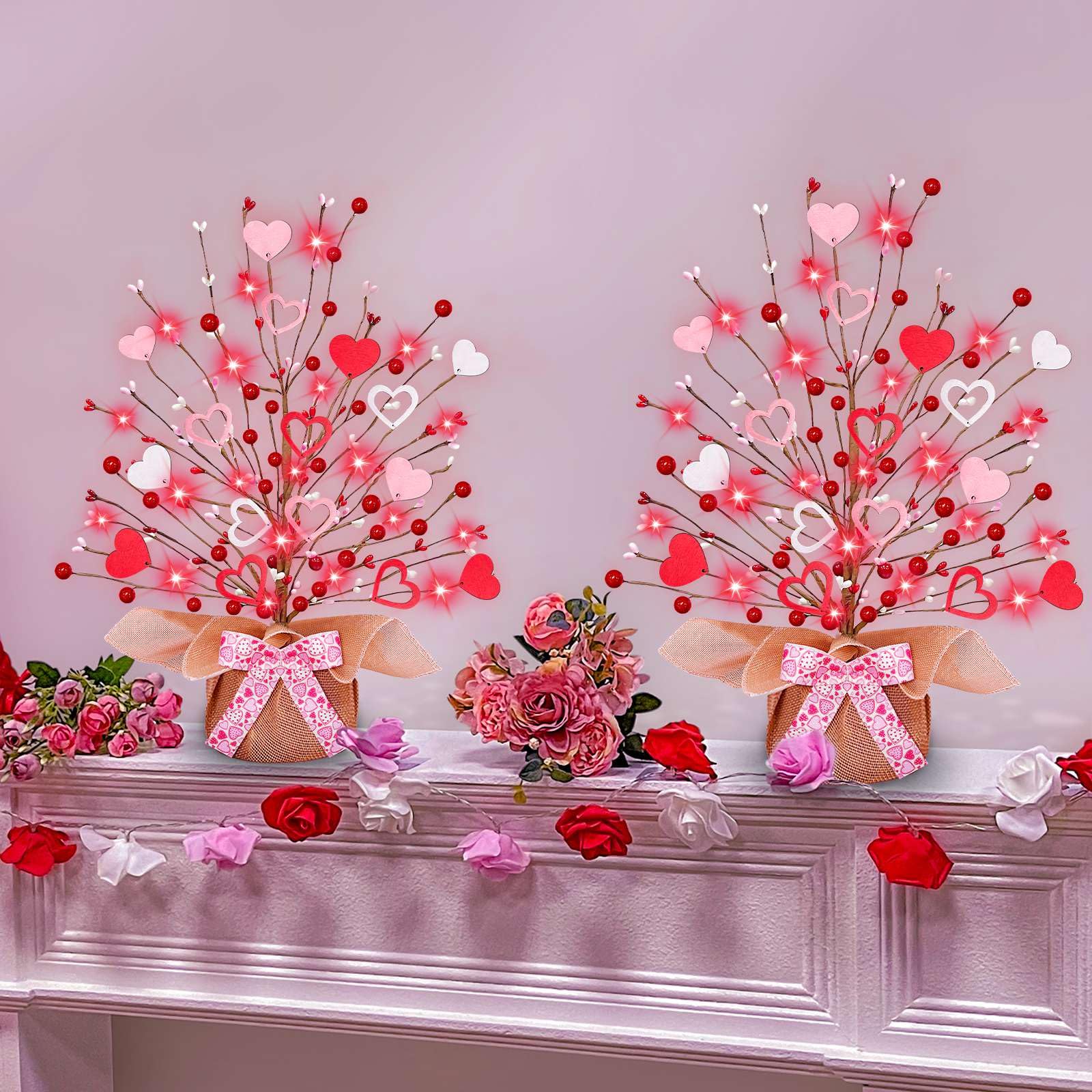 TURNMEON 2 Pack Valentine's Day Tree Tabletop Decorations 20 Red Lights Battery Operated 16 Inch 14 Red Pink Heart 32 Red Berries Valentines Decorations Home Table Bedroom Indoor Party Wedding Decor