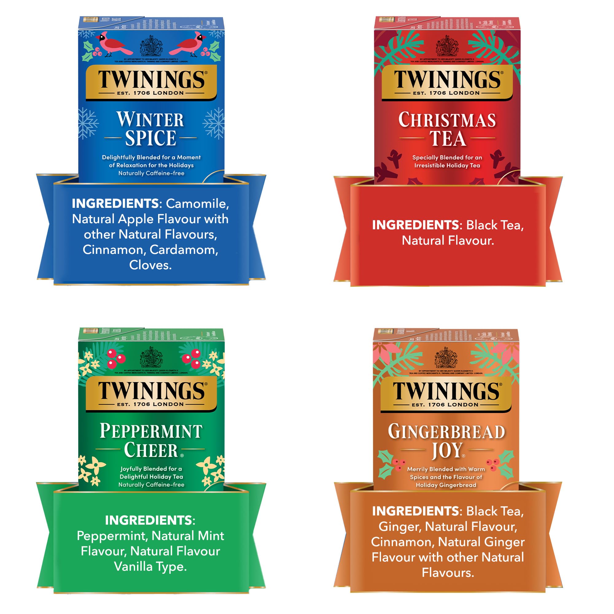 Twinings Holiday Variety Pack Tea Bags, Christmas Tea, Winter Spice, Gingerbread Joy, Peppermint Cheer, 20 Count (Pack of 4), Enjoy Hot or Iced