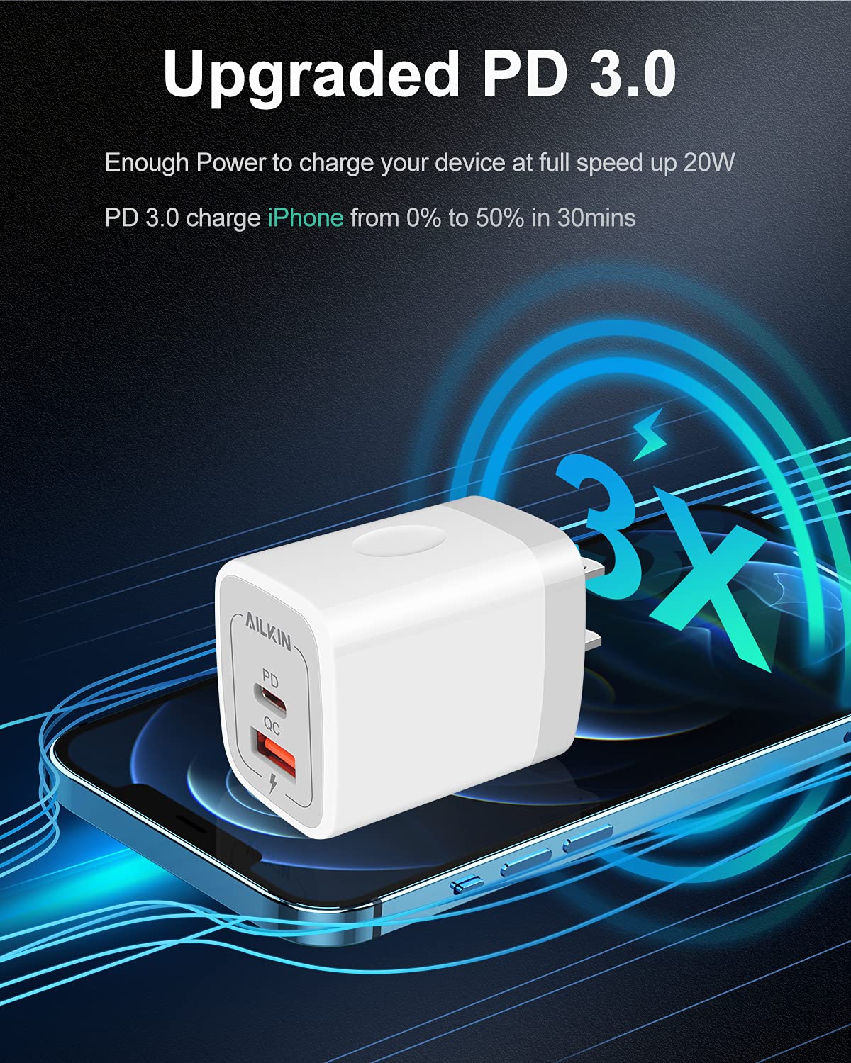 3Pack Dual Port USB-C Wall Plug-in USB Charger, AILKIN 20W Power Delivery + QC3.0 USB A Double Port Fast Charging Block for iPhone 15 14 13 12 Pro Max 14 Pro 12 Mini 16 Pro Max 16 Plus 16 SE X XS Cube