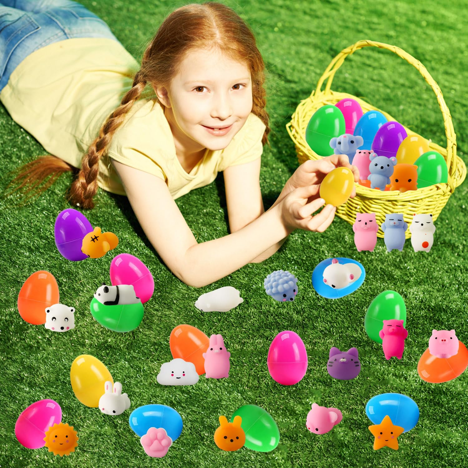 24 Pack Fillers Easter Eggs with Mochi Squishy Toys Surprise Mini Kawaii Animal Squishies Stress Relief Toys for Easter Basket Stuffers Hunt Theme Party Favors Classroom Prize Supplies