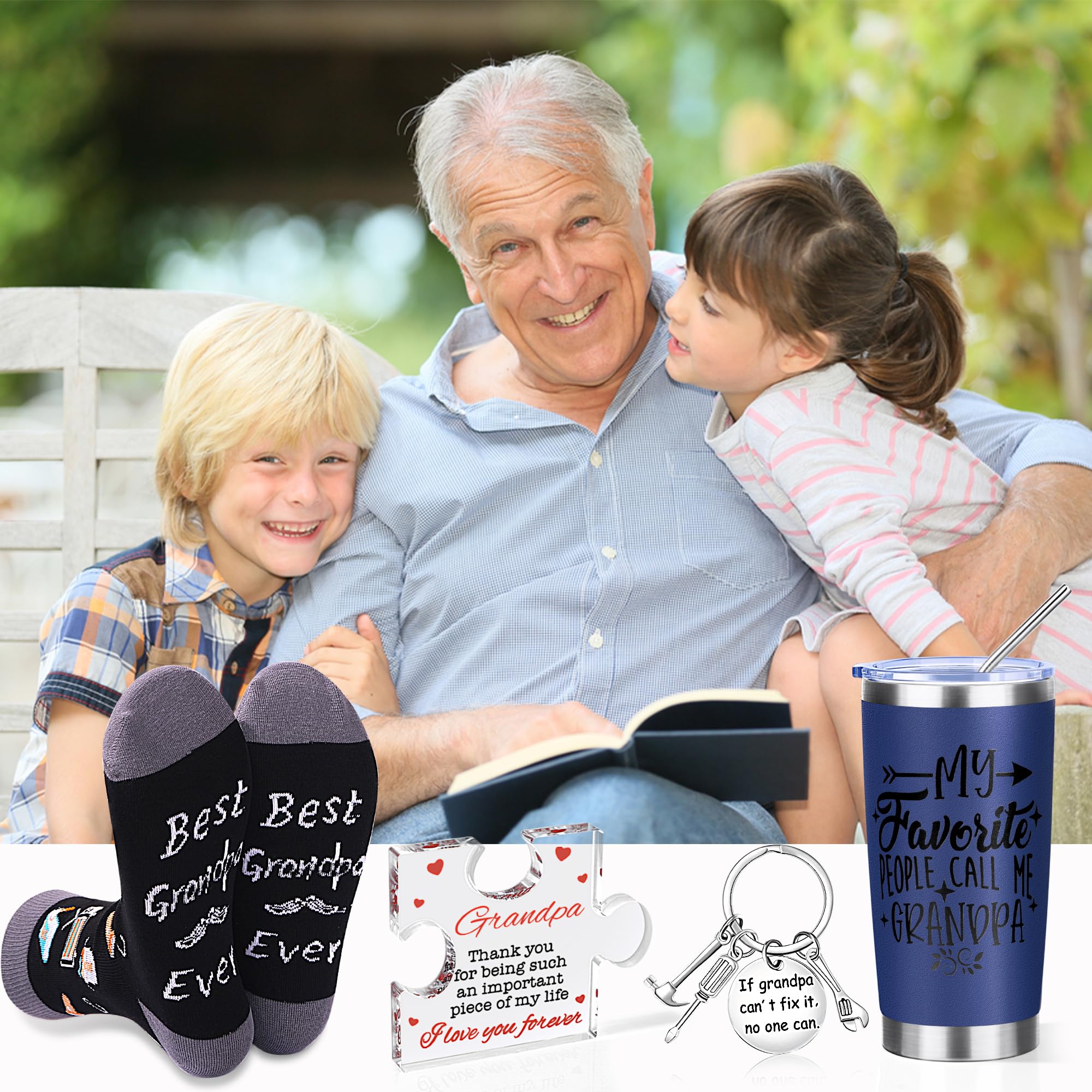 Grandpa Gifts from Granddaughter Grandson 4Pcs Gift Set Tumbler Socks Keychain Acrylic Table Decoration Unique Birthday Gift Ideas for Grandfather New Grandpa