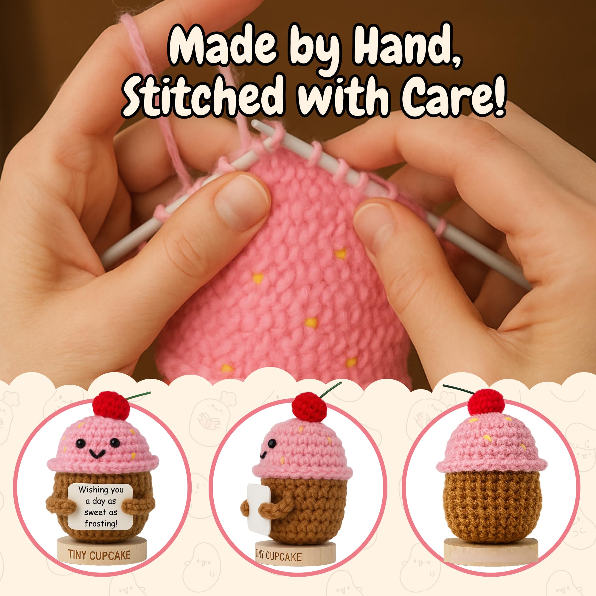 Friendship Gifts for Women - Handmade Positive Crochet Cupcake with 30 Cute Affirmation Cards for Emotional Support | Birthday Gift for Women, Best Friend, Bestie, Coworker | Mothers Day Present Idea