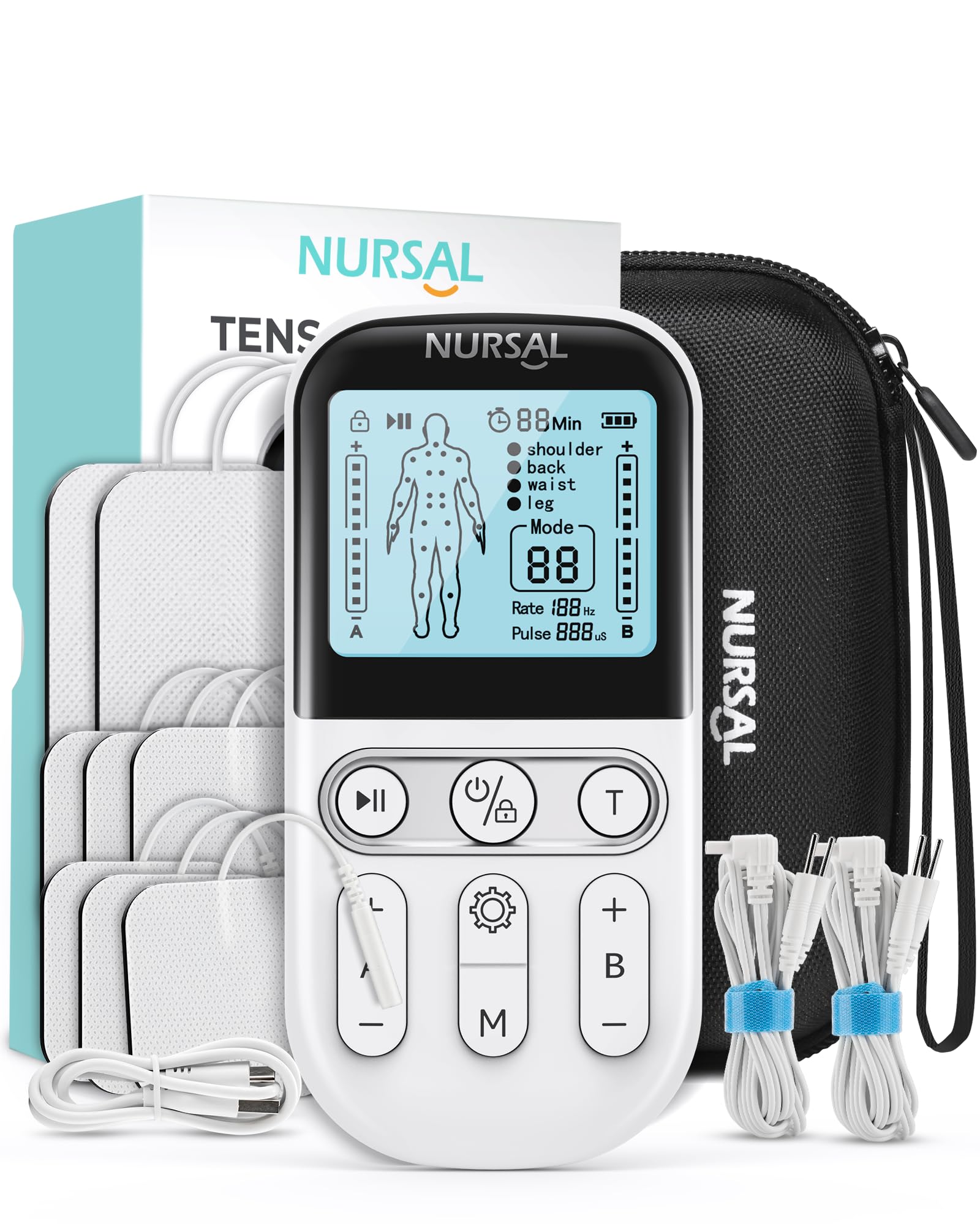 NURSAL Dual Channel 3-in-1 TENS Unit Muscle Stimulator, EVA Travel Case Electronic Pulse Massager, 24 Modes TENS EMS Machine, Muscle Massager for Shoulder, Neck, Sciatica and Back Pain Relief Therapy