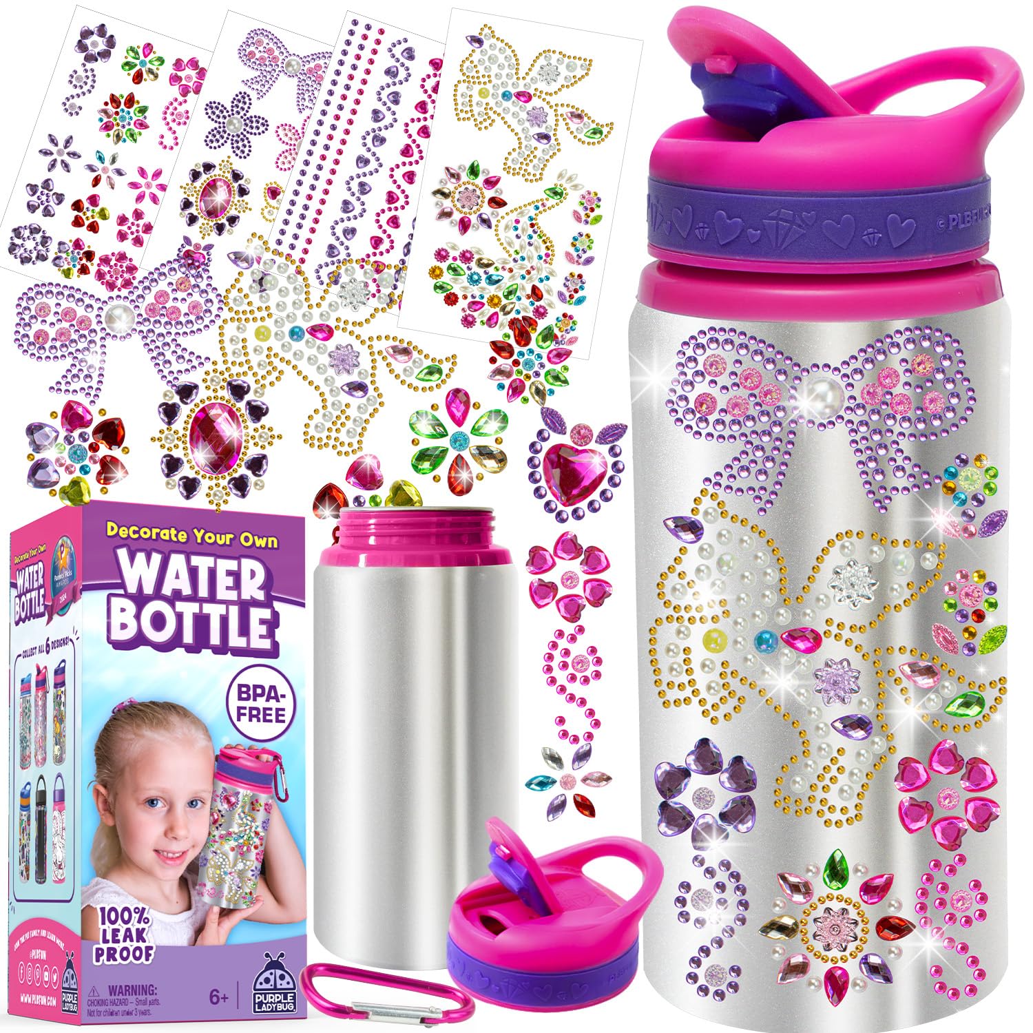 PURPLE LADYBUG Decorate Your Own Water Bottle Kits for Girls - 5 6 7 8 Year Old Girl Gifts, Girl Birthday Easter Gifts for Kids, Arts and Crafts for Kids Ages 6-8 Girls Water Bottles for School Girls