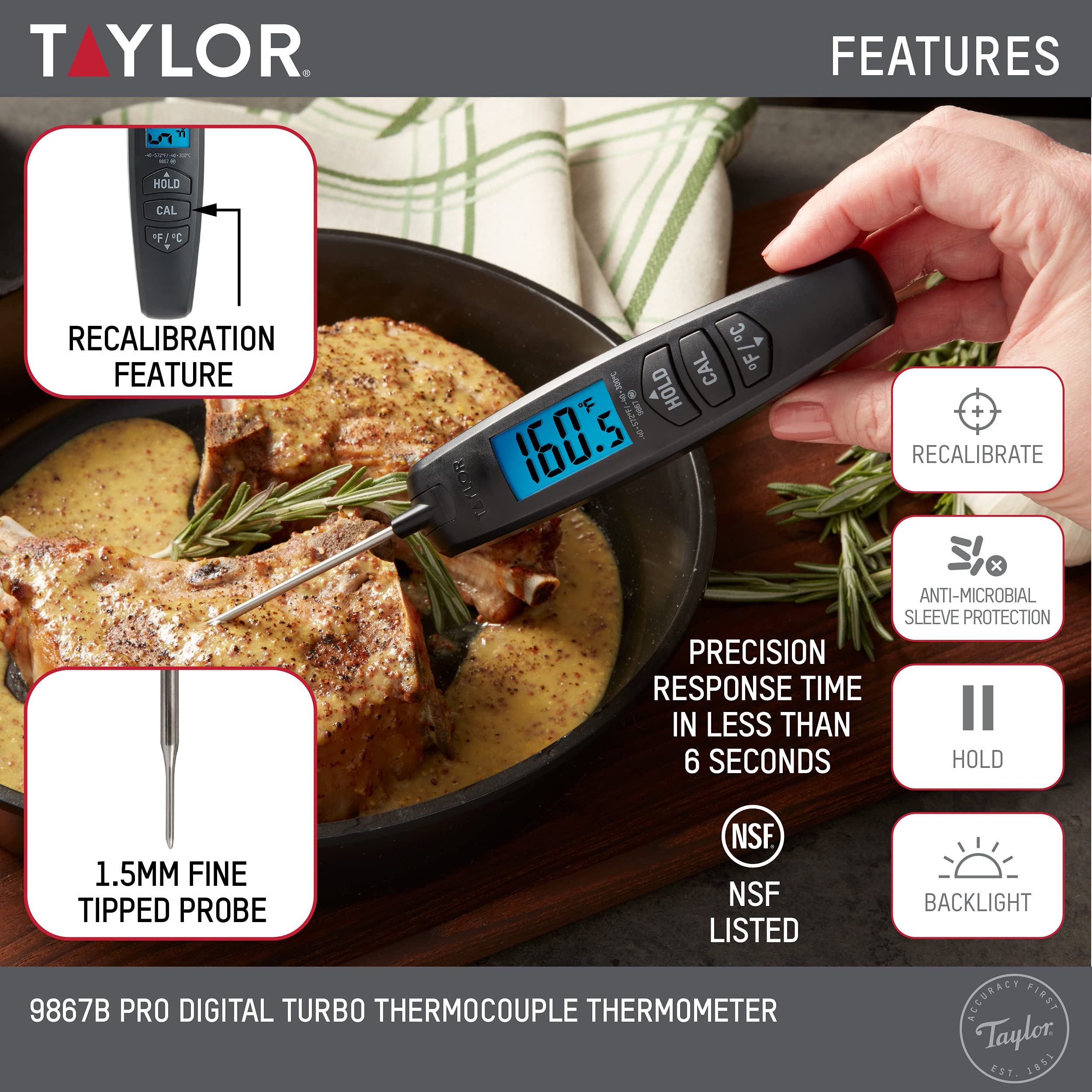 Taylor Digital Turbo Instant Read Thermocouple Meat Food Grill BBQ Cooking Kitchen Thermometer, Folding Probe, Black