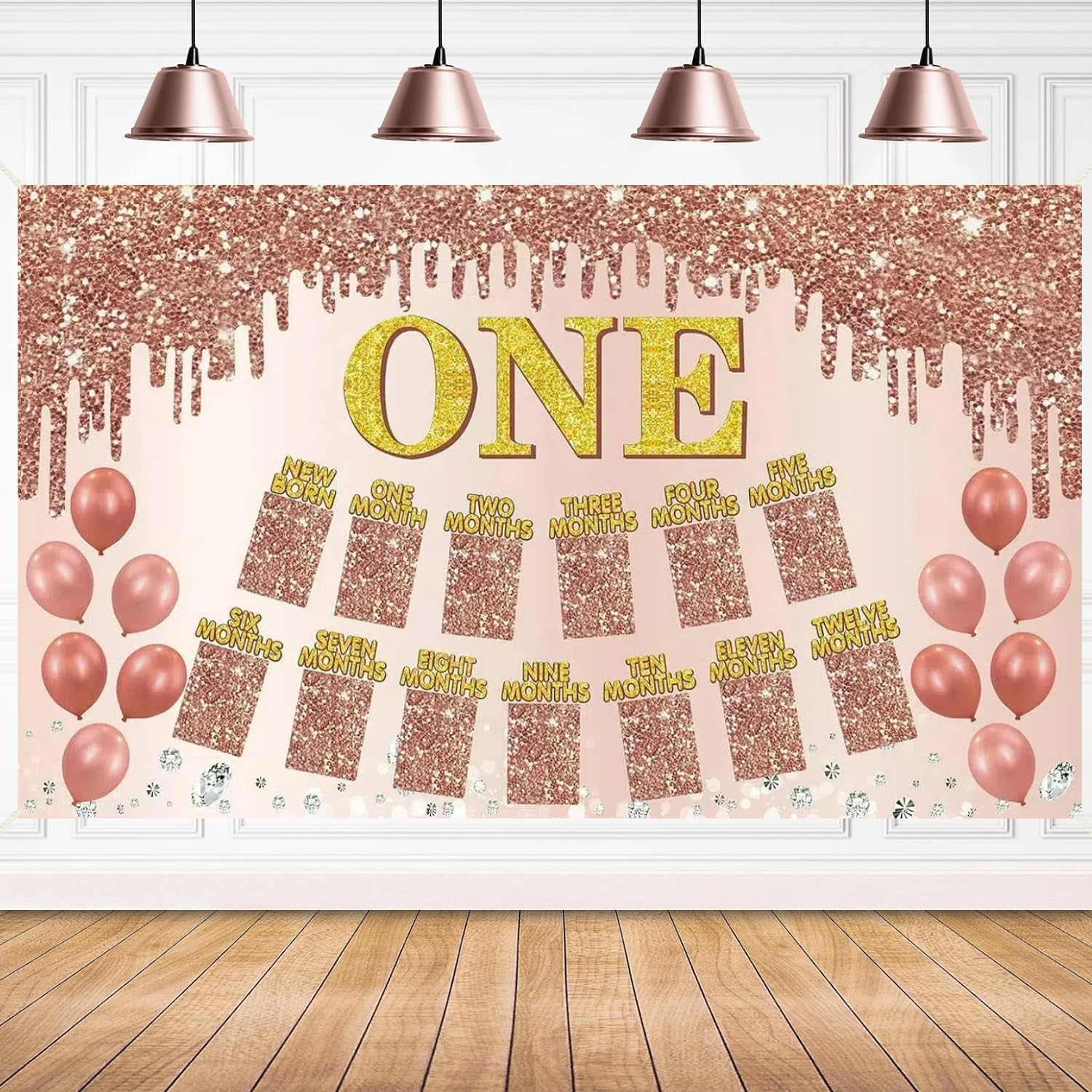 Uiorgui 1st Birthday Photo Banner Decorations for Baby Girls, Pink Rose Gold First Birthday Decor 1 Year Old Birthday Backdrop Party Supplies for 1 to 12 Month Girl