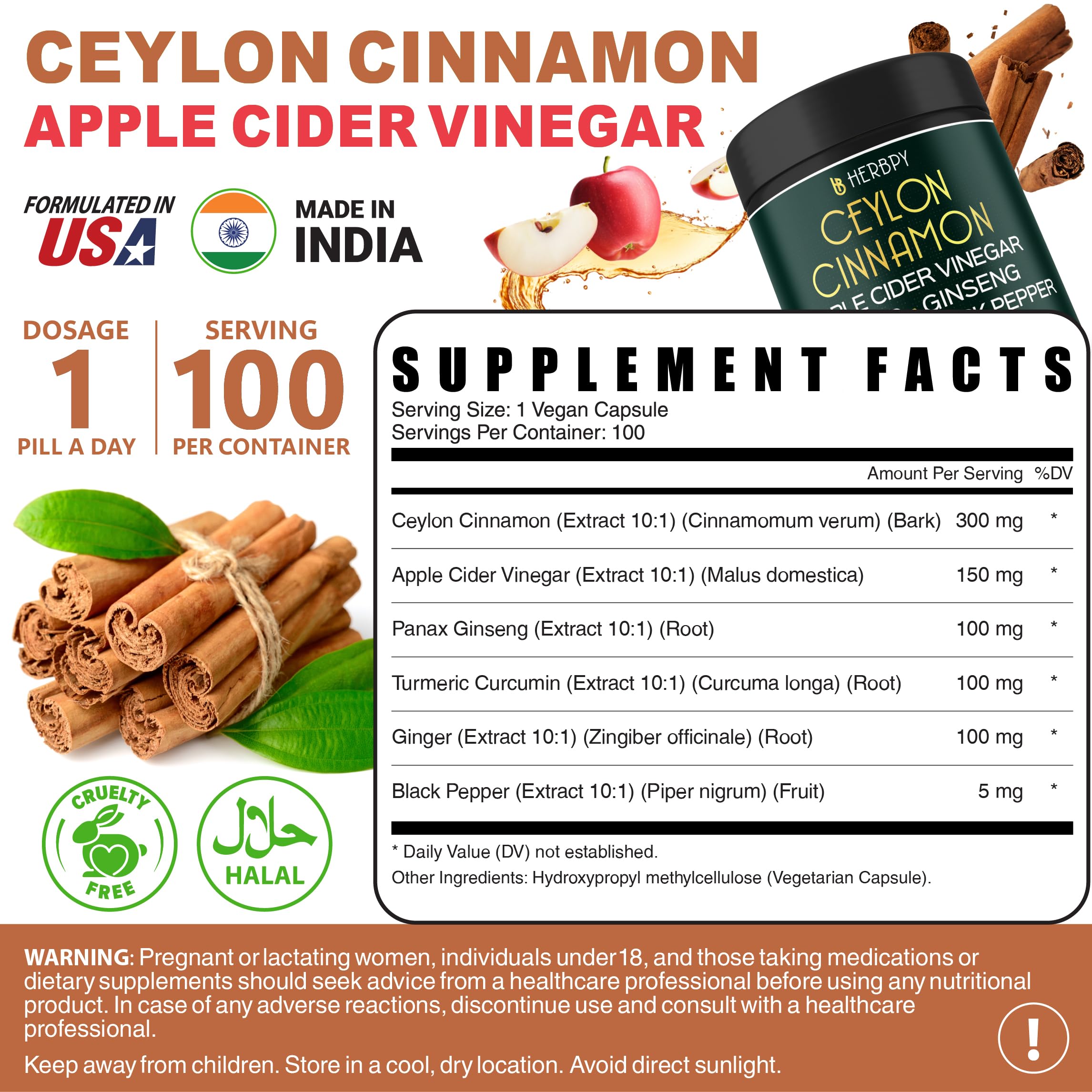 Herbpy 6in1 Premium Ceylon Cinnamon Supplement Plus Apple Cider Vinegar, Turmeric, Ginger, Ginseng - Weight Management, Digestion - 100 Vegan Capsules