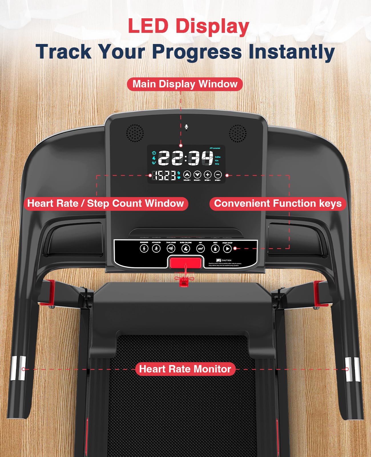Redliro Treadmill with 15% Auto Incline - 350 lbs Capacity Foldable Running 3.0HP Treadmill for Home - Adjustable Handrail Height - APP & Voice Control - Bluetooth Speaker (Glossy Black)