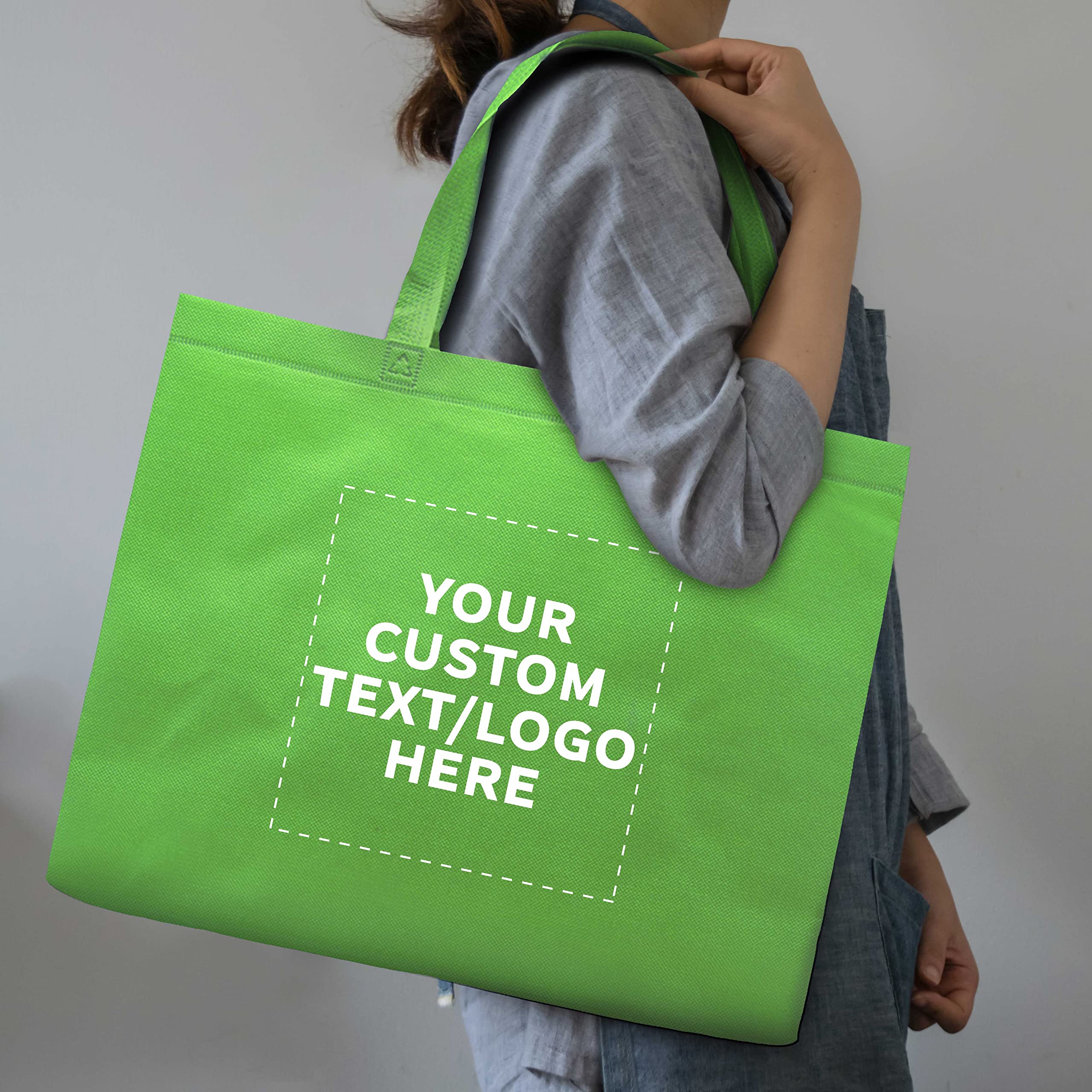 DISCOUNT PROMOS Custom Jumbo Sized Tote Bags Set of 100, Personalized Bulk Pack - Reusable Grocery Bags, Shopping Bags, Promotional Item Totes for Women - Lime Green