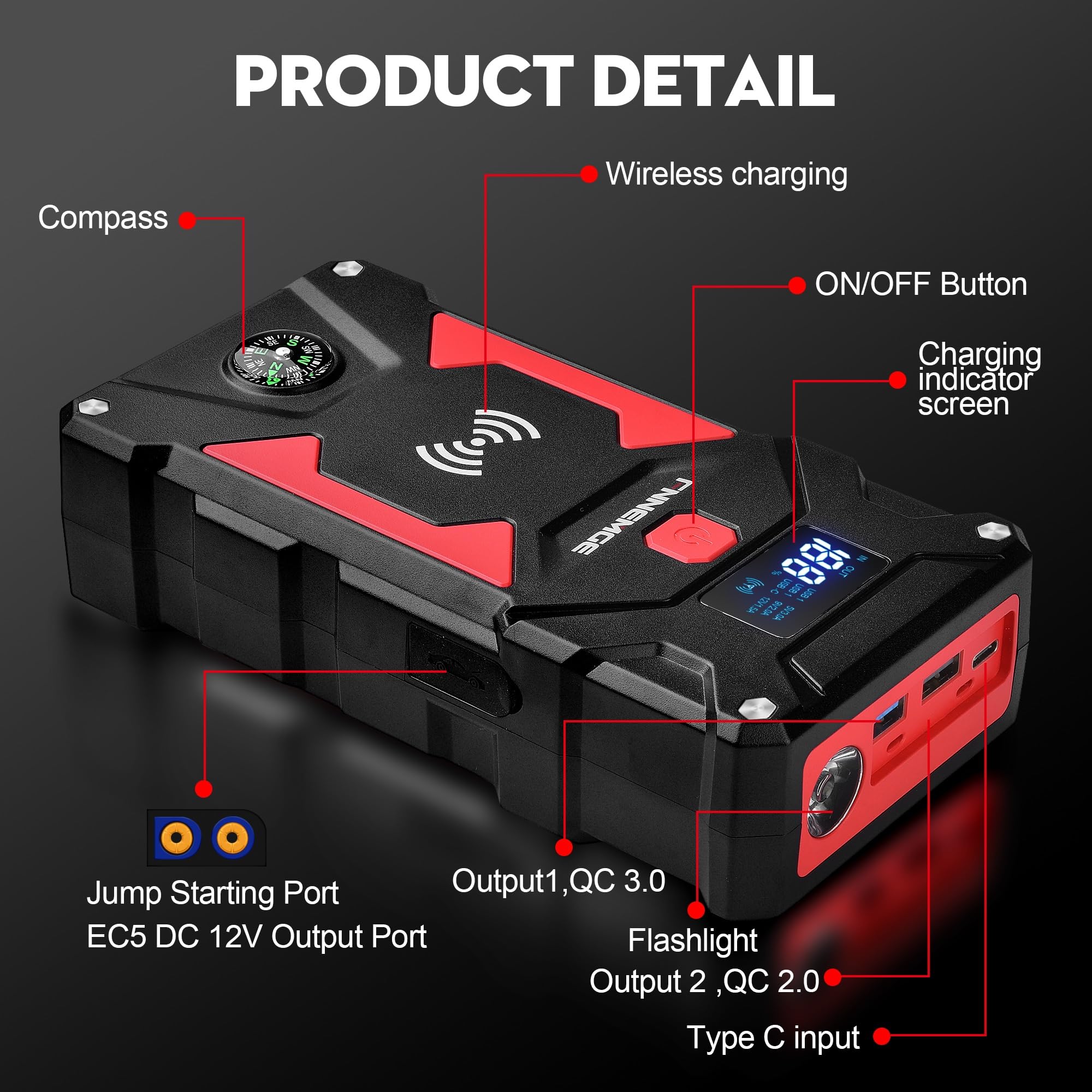 FNNEMGE Car Jump Starter, 5000A Peak 24800mAh 12V Car Battery Starter(Up to All Gas, 8.0L Diesel Engine), with USB Quick Charge 3.0,LED Light,12V EC-5 Output.