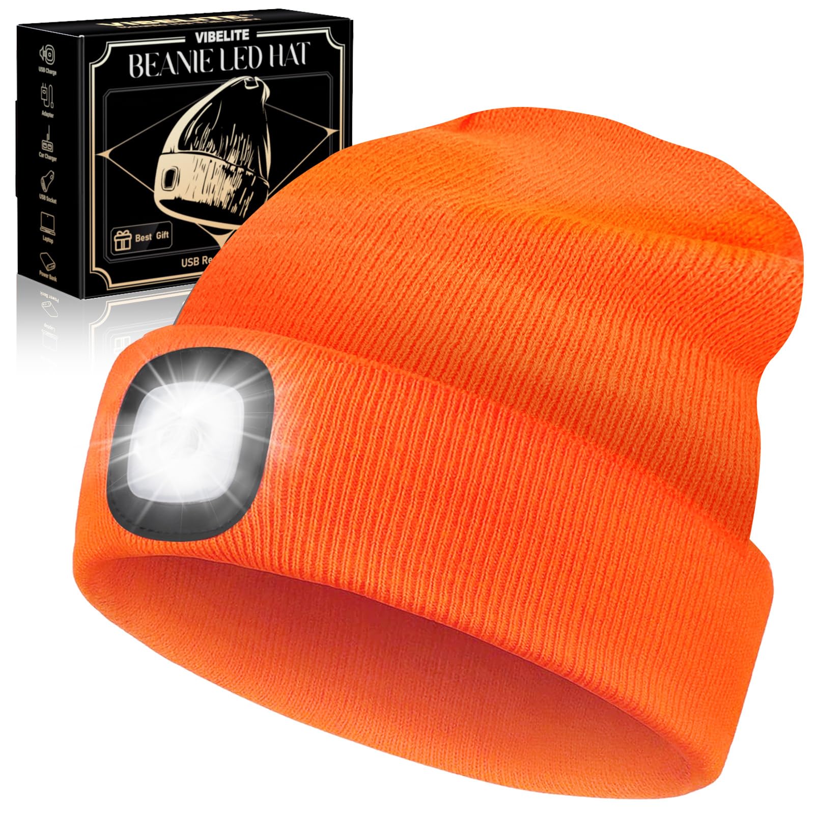 VIBELITE LED Beanie Hat with Light, USB Rechargeable LED Headlamp, Gifts for Christmas, Stocking Stuffers for Men Him Husband Boyfriend Dad Father, Orange