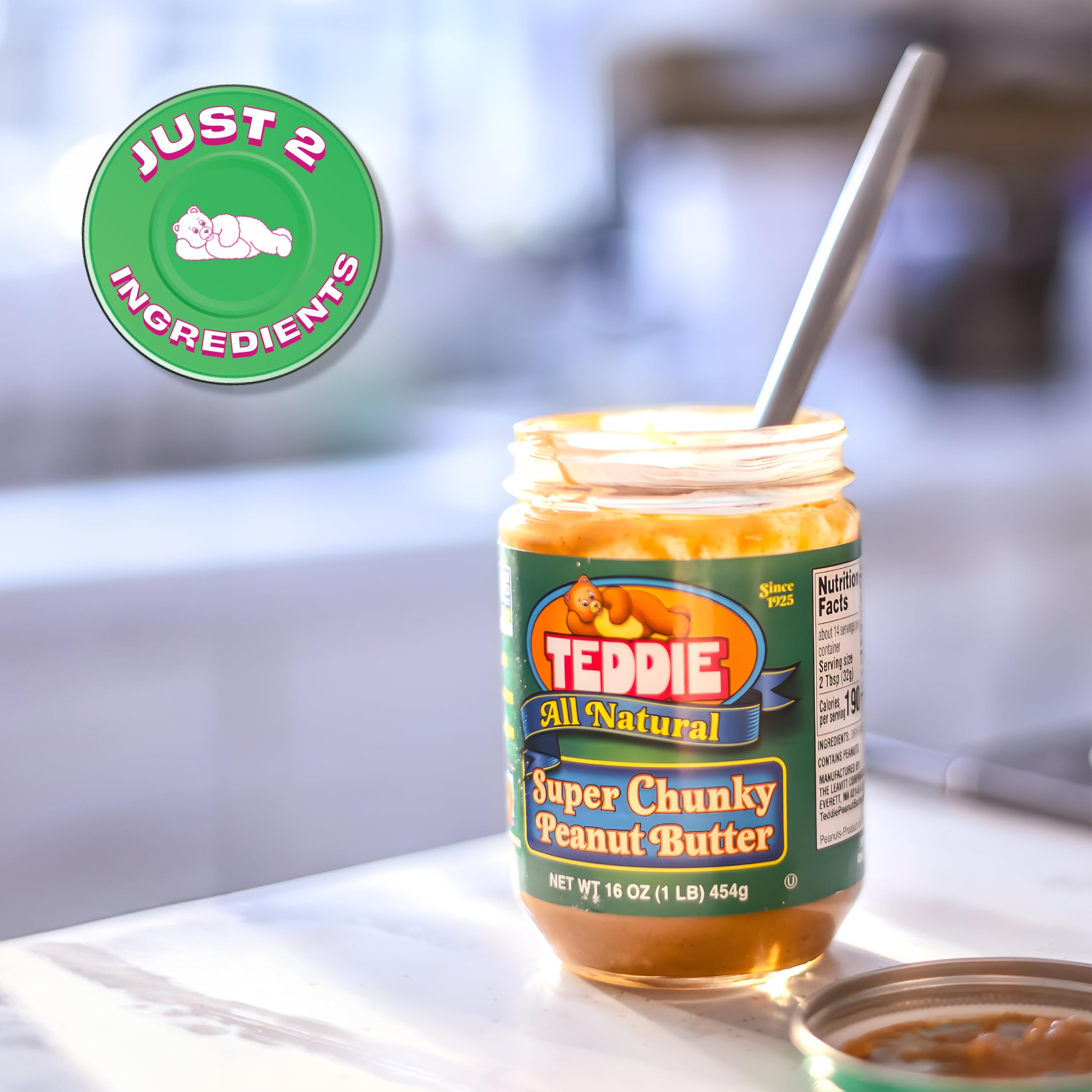 Teddie All Natural Peanut Butter, Super Chunky, Gluten Free & Vegan, 16 Ounce (Super Chunky, Pack of 1)