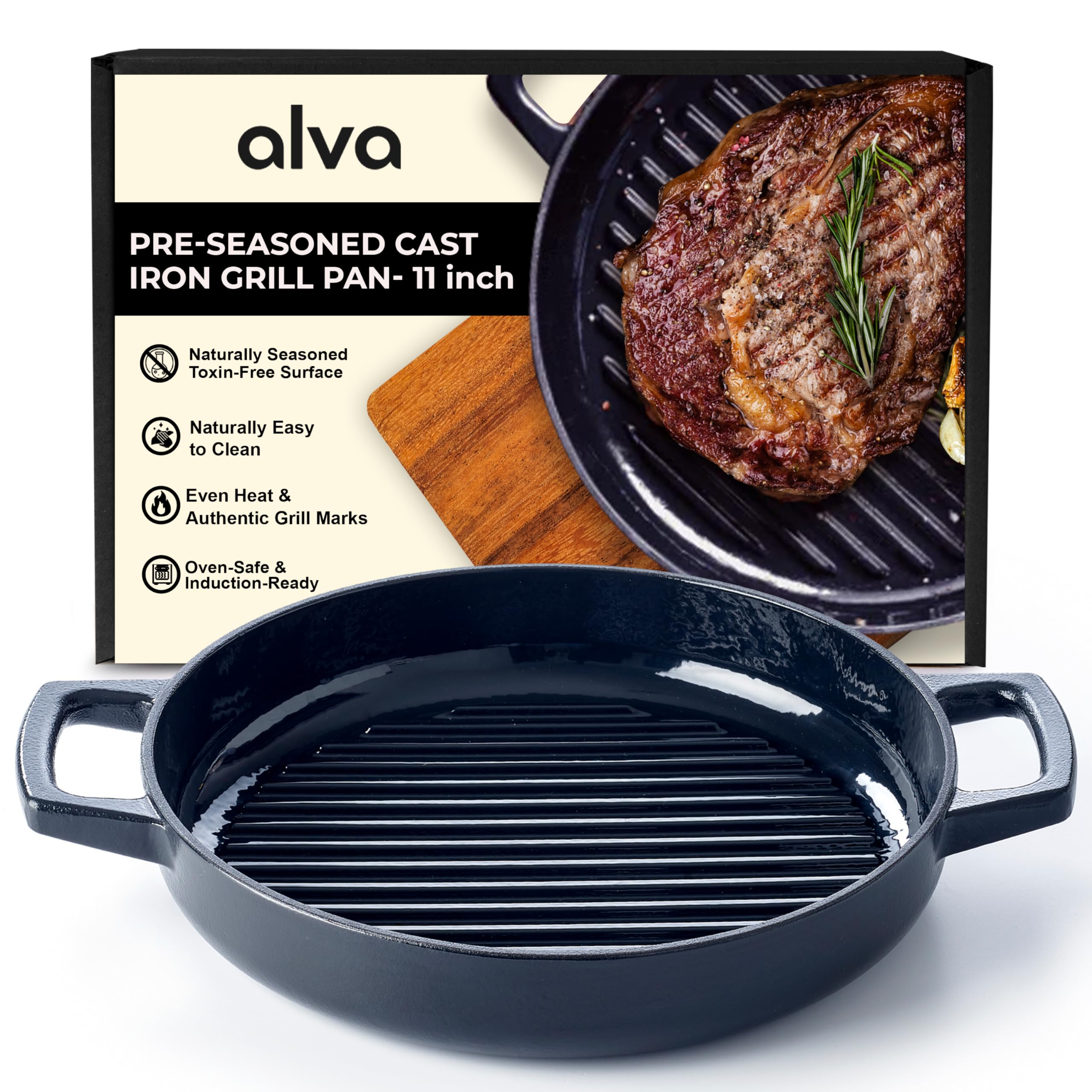 Alva Nori Enameled Cast Iron Grill Pan, 11" – Made With No PFAS/PTFE/PFOA, Oven & Induction Safe – 3-Layer Enamel, No Seasoning Needed – Durable, Easy-Clean Bakeware for Healthy Cooking, Black