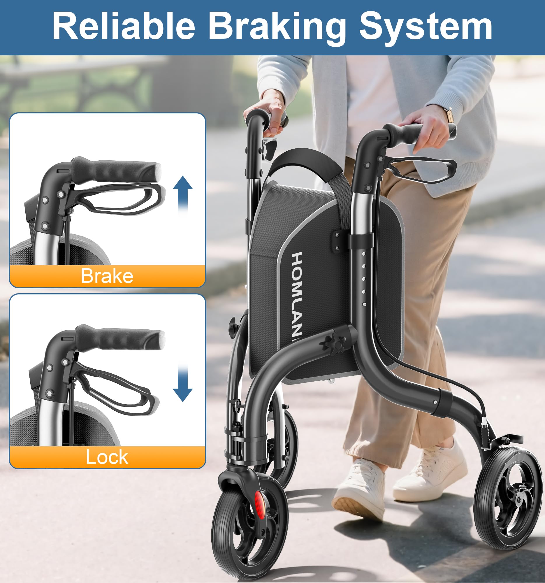 HOMLAND 3 Wheel Walkers for Seniors, Lightweight Foldable Aluminum Three Wheel Walker, Height Adjustable Compact Rollator Walker with Removable Storage Bag