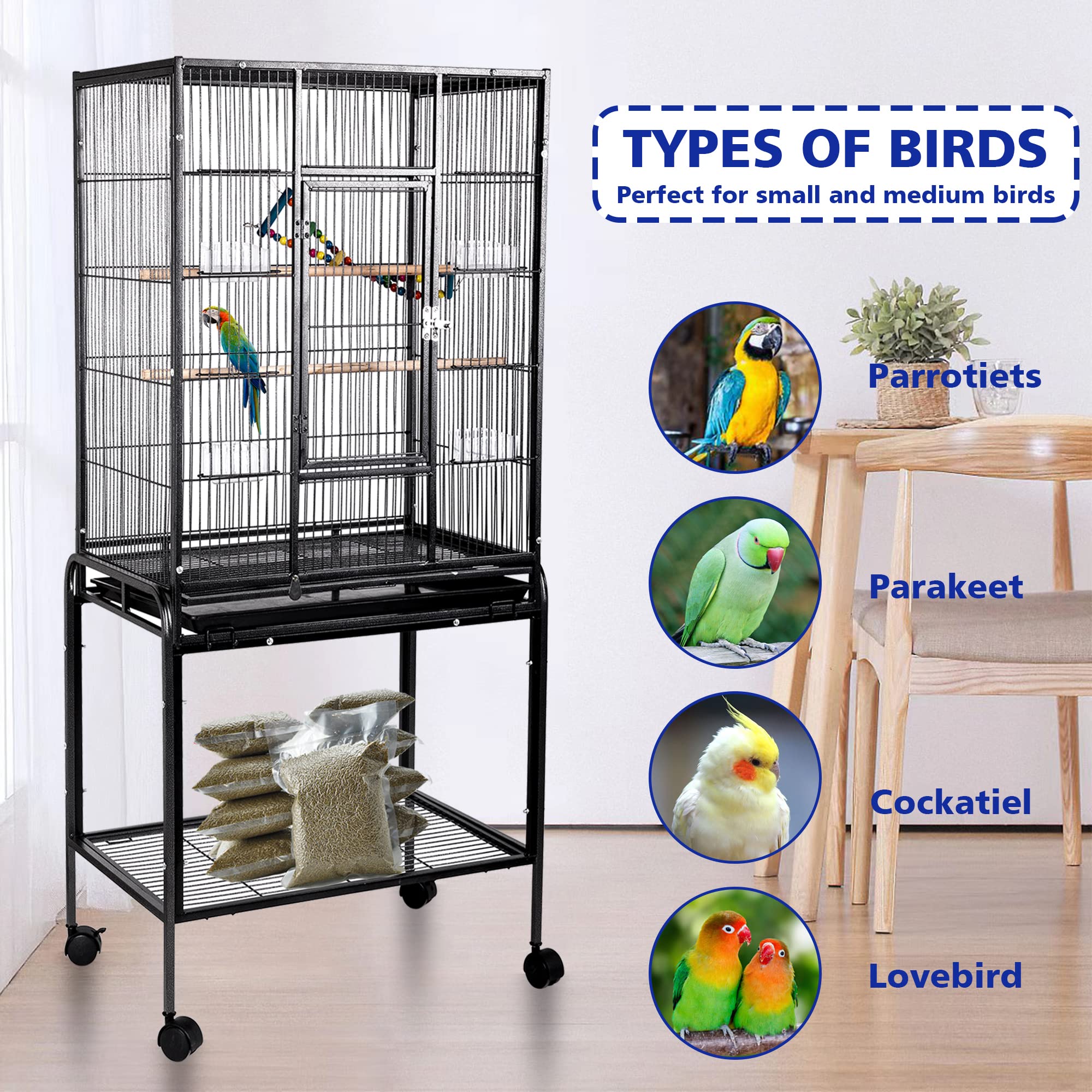 53-inch Bird Cage with Rolling Stand & Storage Shelf, Large Wrought Iron Parrot Cage for Cockatiel, Conure, Lovebird, Parakeets, Pet House with Bottom Tray Wire
