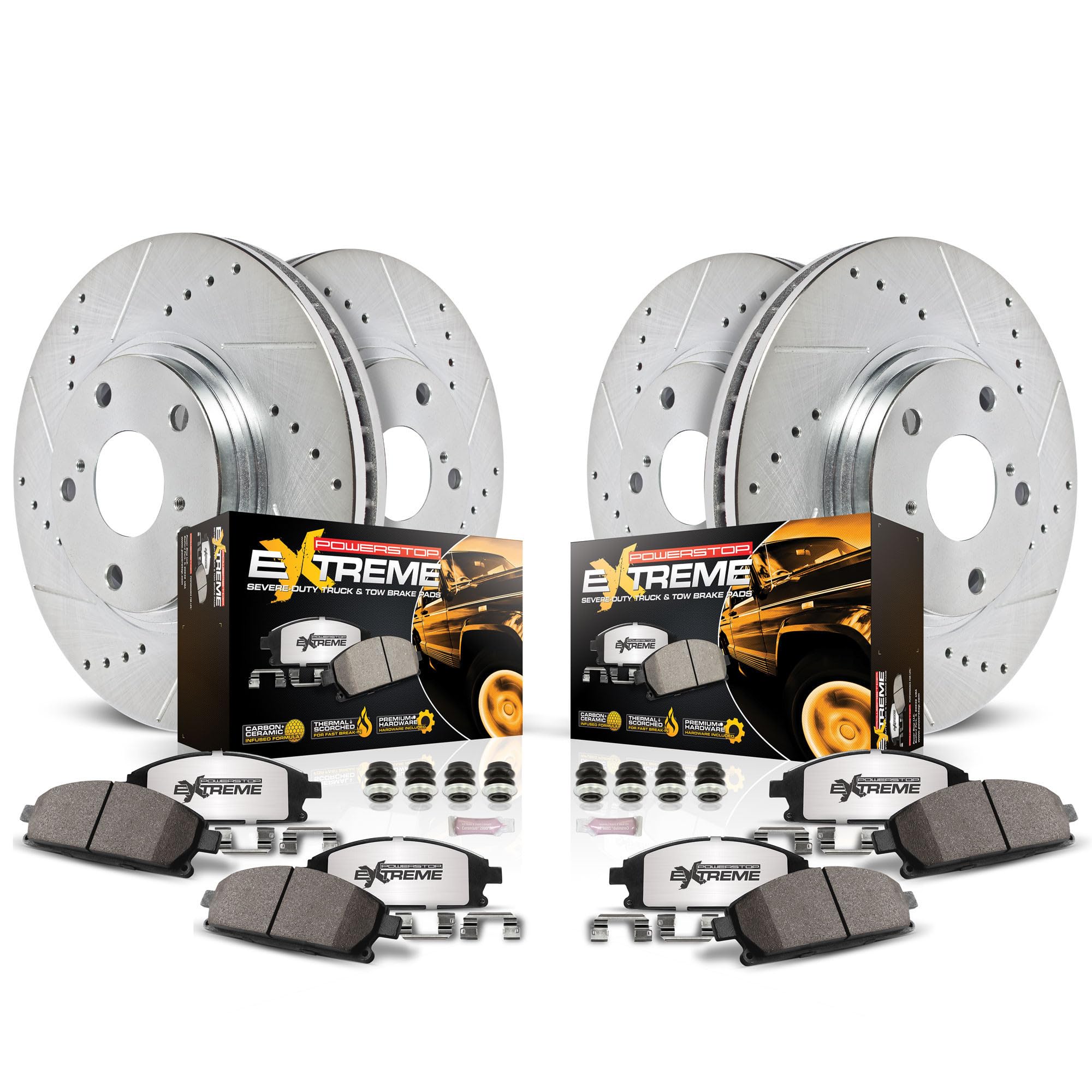 Power Stop Brake Kit For 2007-2009 Aspen Durango, 2006-2018 Ram 1500, 2019-2022 Ram 1500 - Front and Rear Truck & Tow Drilled Slotted Rotors with Carbon-Fiber Ceramic Brake Pads Replacement, K2164-36