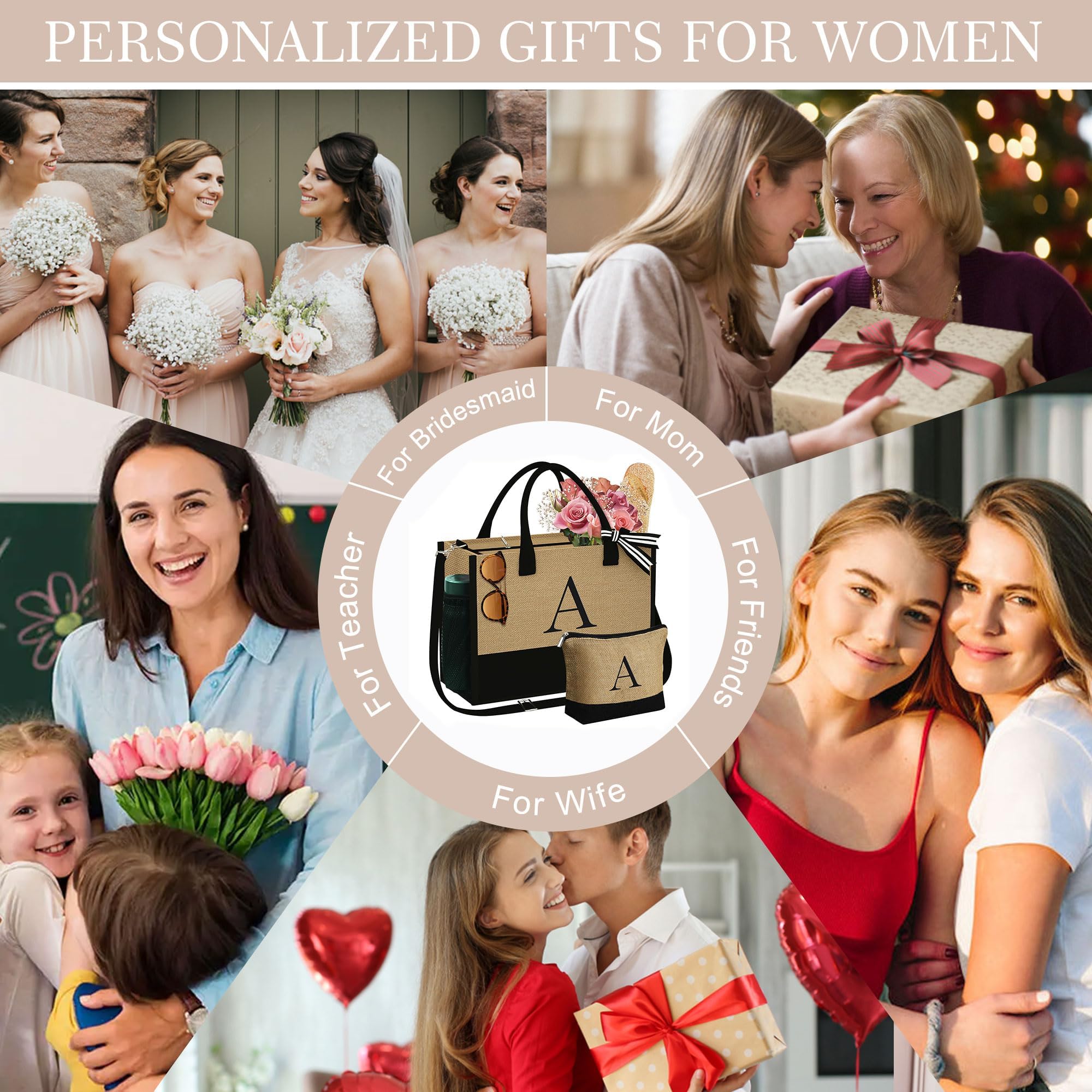 YOOLIFE Christmas Gifts for Women - Birthday Gifts for Women, Mom Christmas Gifts, Gifts for Mom Friend Sister Teacher, Birthday Gifts for Women M Letter Jute Tote Bag, Christmas Gifts for Women 2024