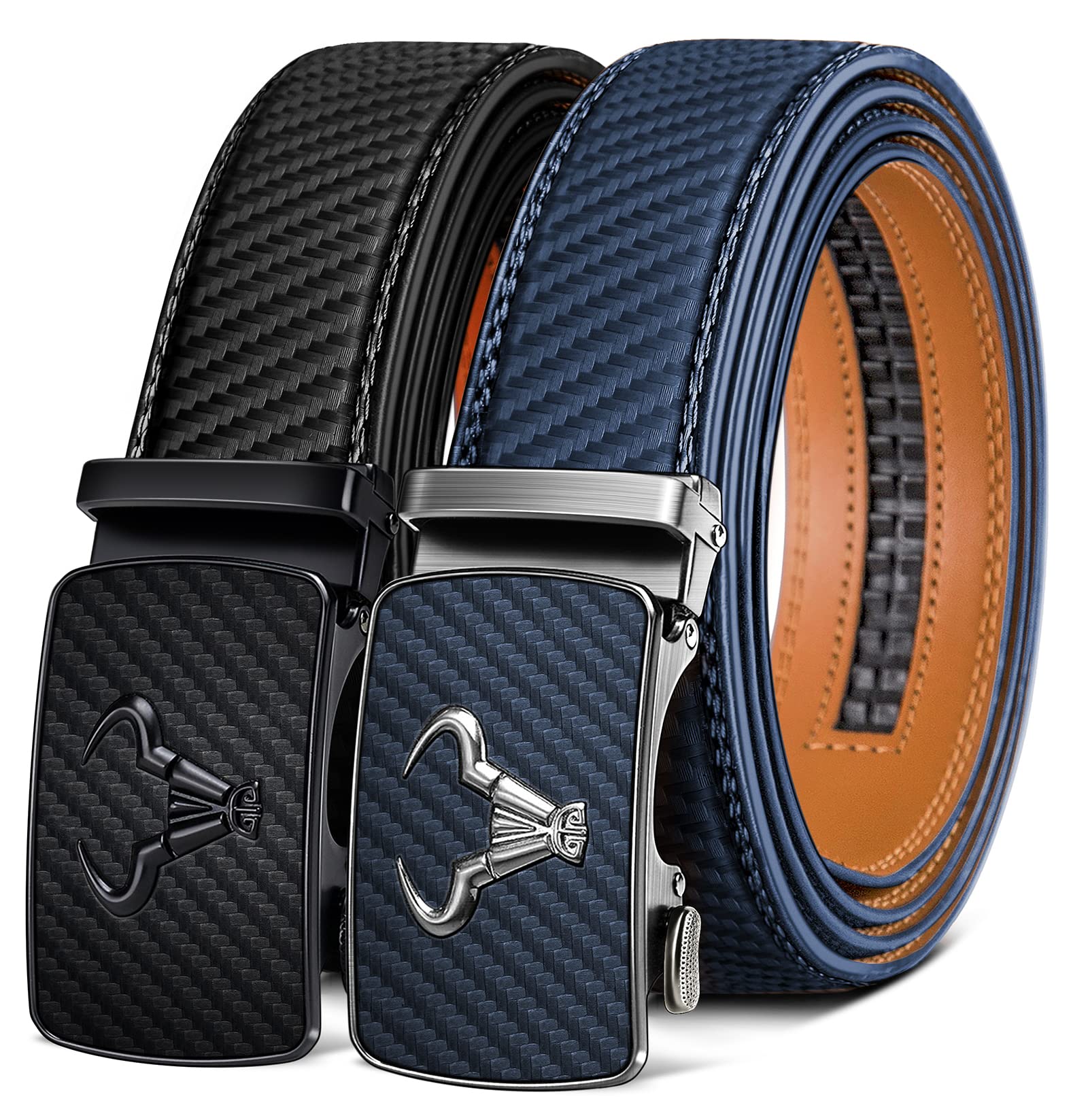 BULLIANT Men belt 2Pack,Leather Ratchet Belt for Gift Men Dress Casual Jeans 1 3/8",Cut for Fit(Black/Purplish Blue,32"-38" Waist Adjustable)