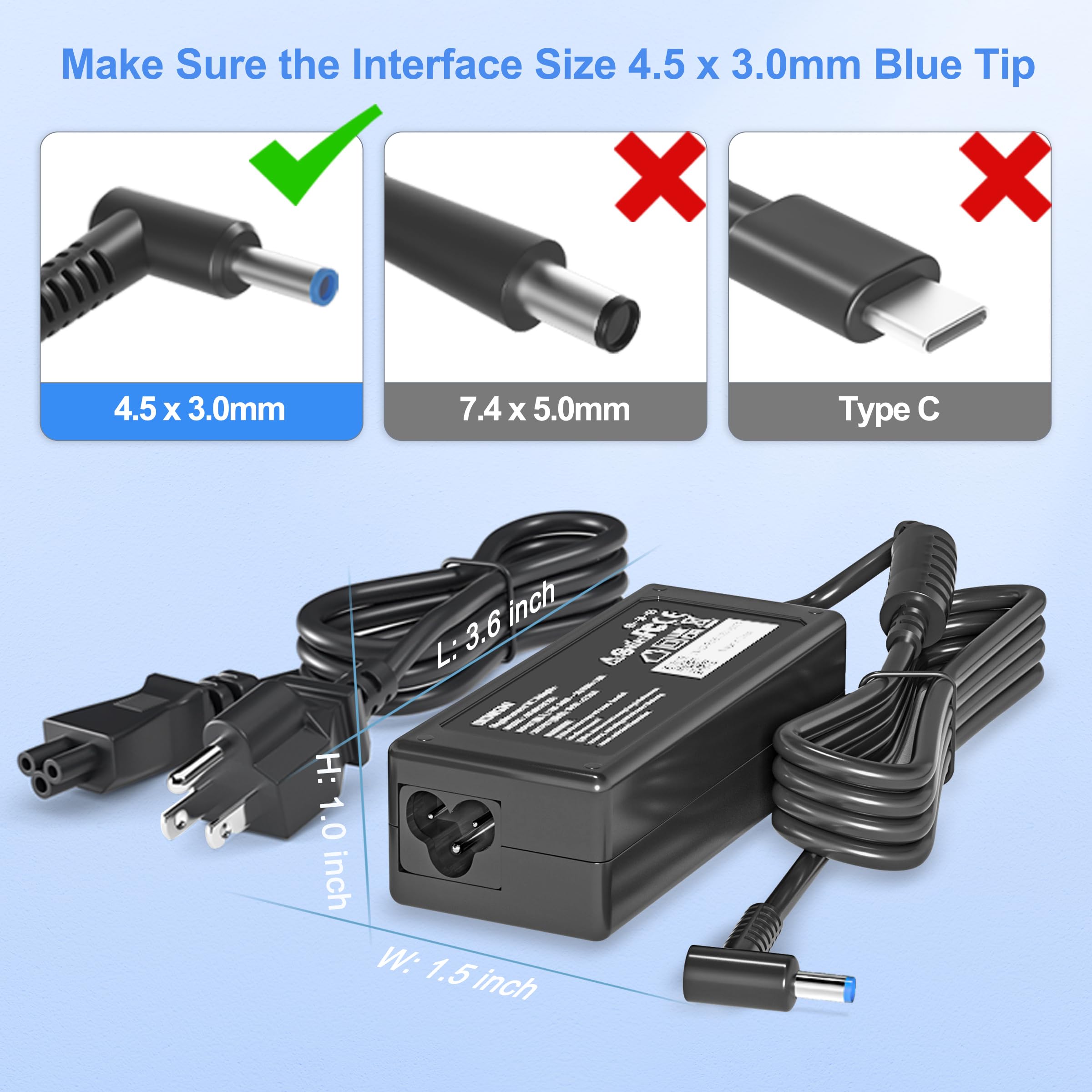65W 19.5V 3.33A AC Adapter Charger Compatible with HP Pavilion x360 11 13 15 17, Envy X360 13 15, Zbook 14u G4 G5 15 G3, 15-f111dx 15-f211wm 15-f233wm 15-f278nr 15-r052nr Laptop Power Cord Blue Tip