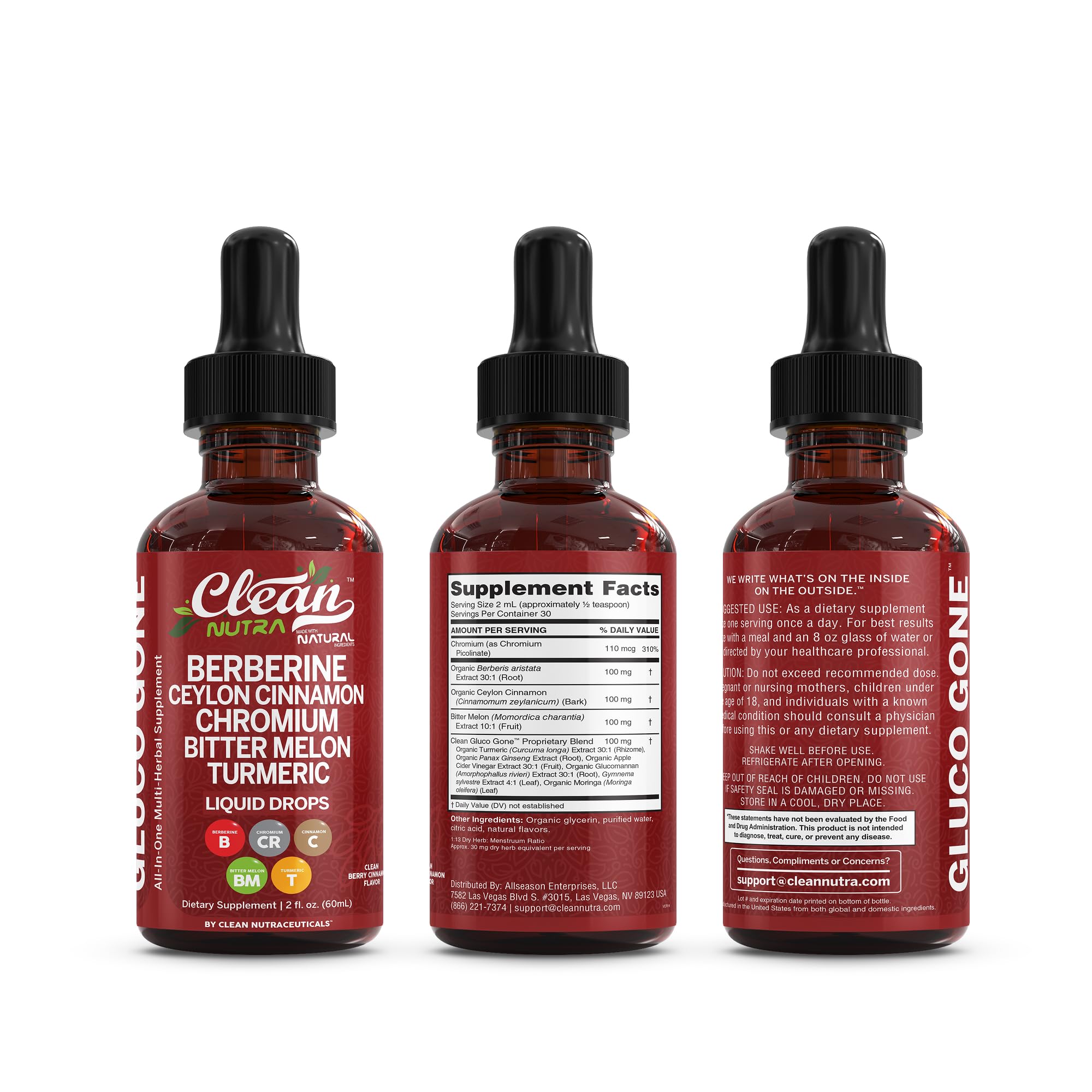 Clean Nutra Berberine with Ceylon Cinnamon Supplement Liquid Drops + Bitter Melon Extract, Glucomannan, Gymnema, Chromium, Turmeric, Organic Panax Ginseng, Moringa GLP-1 Support