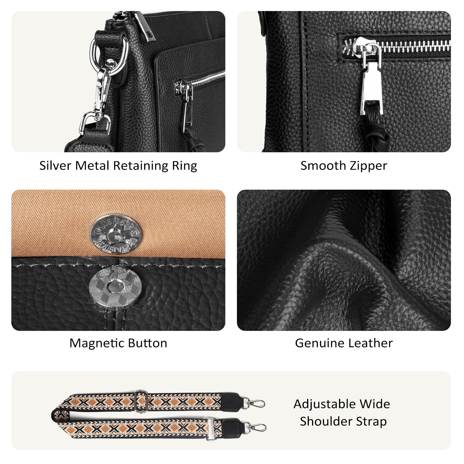 befen Genuine Leather Crossbody Bags for Women, Small Soft Leather Shoulder Bag Purse, Women's Cross body, Black Crossover Body Handbags with Adjustable Wide Guitar Strap