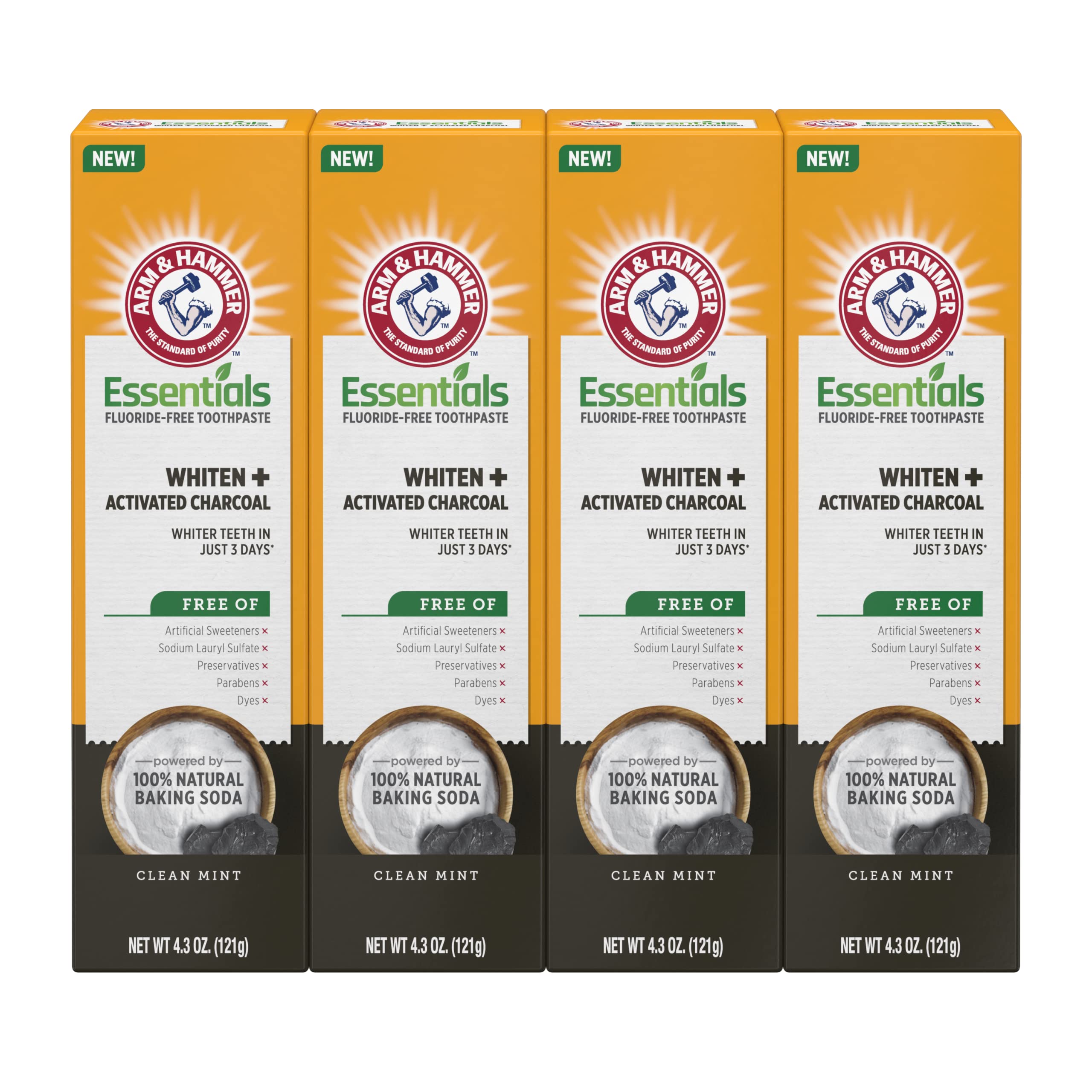 ARM & HAMMER Essentials Fluoride-Free Toothpaste Whiten + Activated Charcoal-4 Pack of 4.3oz Tubes, Clean Mint- 100% Natural Baking Soda