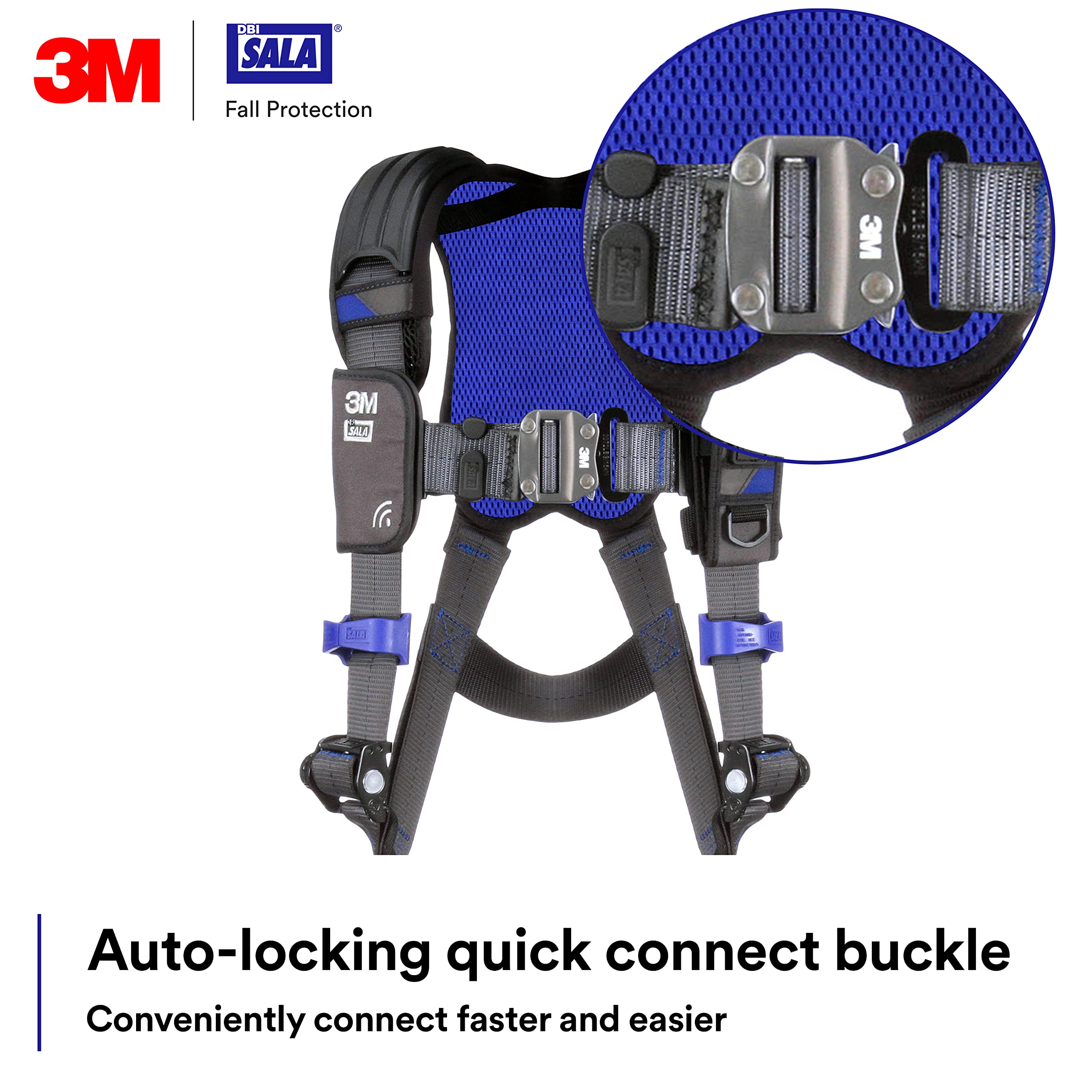 3M DBI-SALA ExoFit X300 Comfort Vest Safety Harness Fall Protection, General Industry, OSHA, ANSI, Tongue Buckle Leg Strap, Back D-Ring, Auto-Locking Quick-Connect Chest Buckle, 1140128, Medium