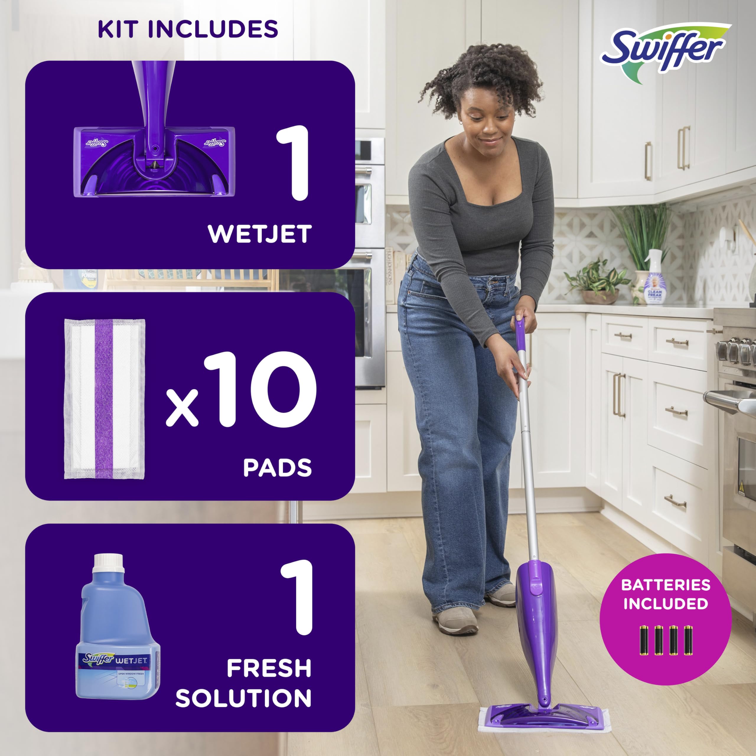 Swiffer WetJet Hardwood and Floor Spray Mop Cleaner Starter Kit, Includes: 1 Power Mop, 10 Pads, Cleaning Solution, Batteries